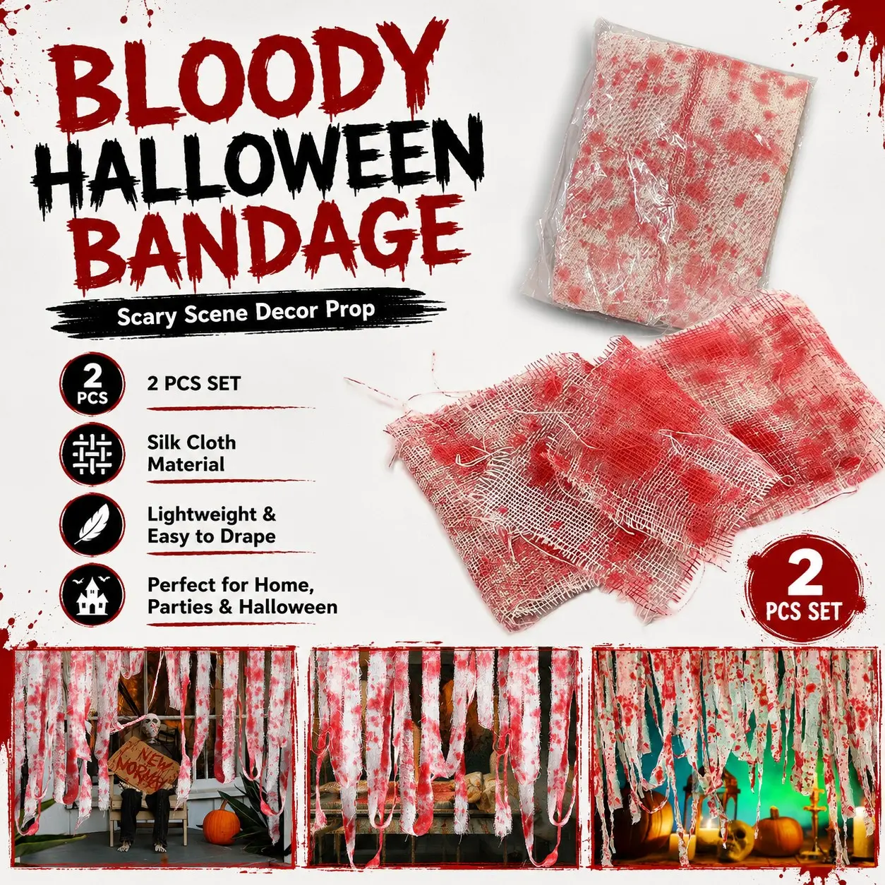 2pcs Halloween Bloody Bandages, 8cm Wide Horror Blood Stain Silk Fabric, 1m/5m Creepy Strips, Ideal for Haunted House Decorations