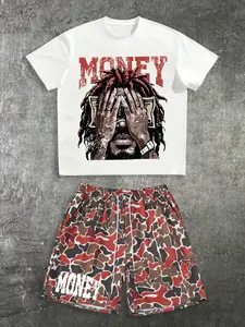 Men's "Money" Graphic T-Shirt & Camo Shorts Set, Hip-Hop Streetwear Casual Outfit, Camo Printed Co-Ord Set #MoneyPrintSet #HipHopStreetwear #CamoShortsSet #StreetwearCoOrd #TikTokMadeMeBuyIt