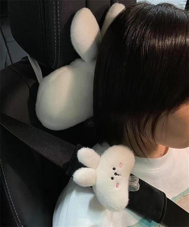 Woman Girl Neck Cushion Rabbit Car Accessories Seat Belt Shoulder Pad Animal Cervical Pillow Universal Headrest Cute Neck Pillow