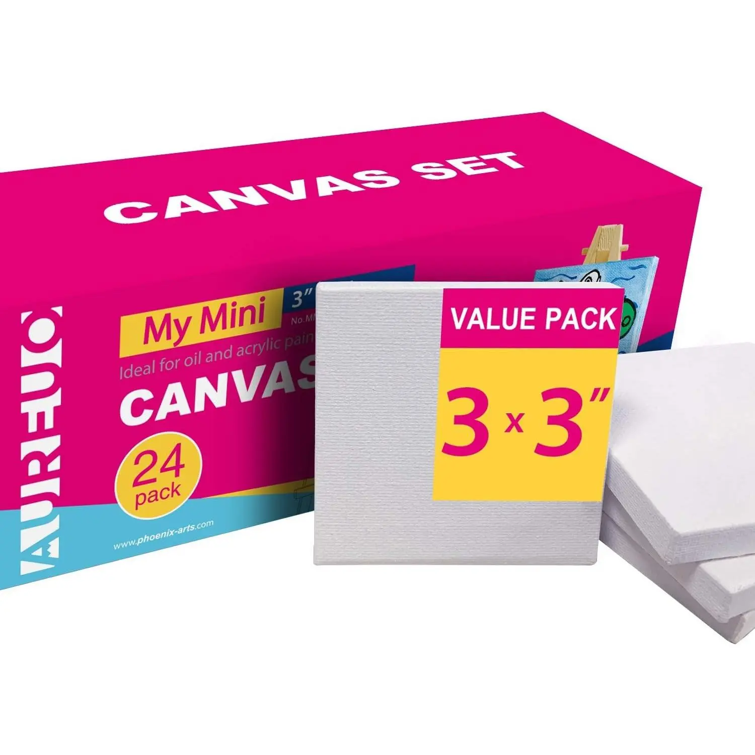 AUREUO Mini Stretched Canvas Bulk Pack - 3x3 Inch, 24 Pack, 2/5 Inch Tiny Profile - Value Set for Acrylic Painting Craft, Halloween Art Projects
