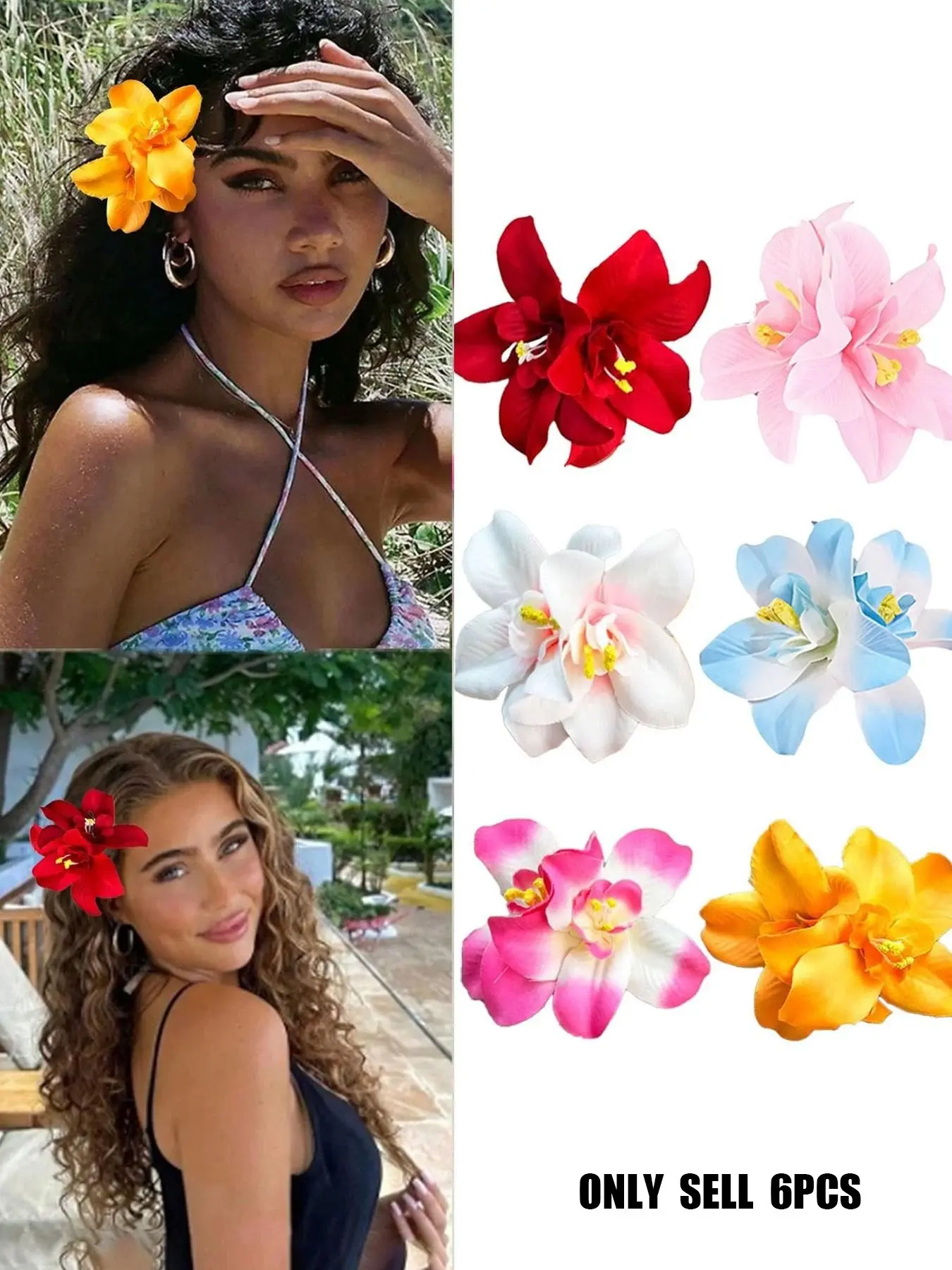 6-Piece Set of Large Floral Hair Clips for Women, Colorful Tropical Hawaiian Artificial Gerbera Daisy Barrettes, Boho Hair Accessories