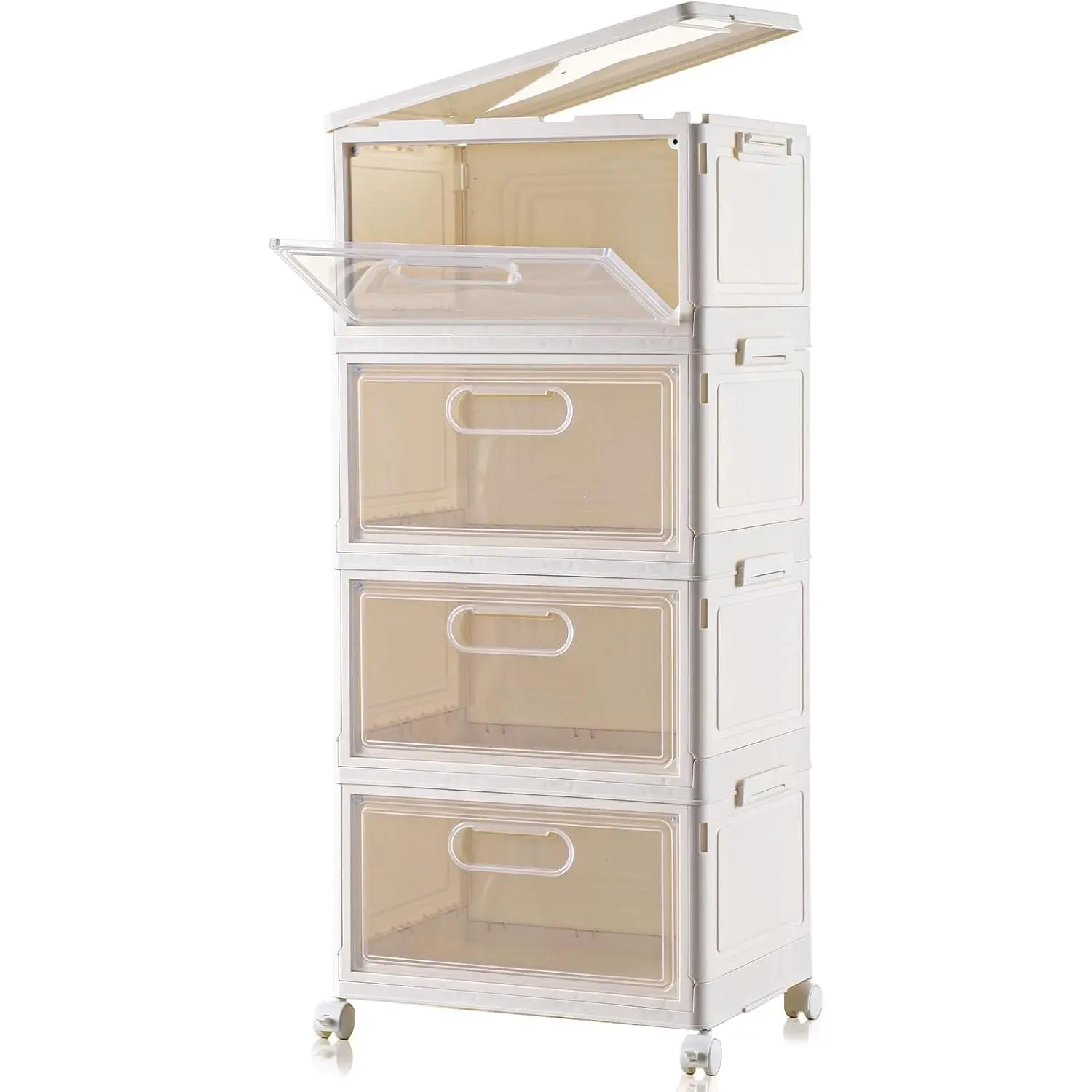4-Tier Stackable 23QT Clear Foldable Plastic Storage Bins with Lid on Wheels, Drawer Type Closet Organizers for Living Room Bedroom Office Dorm