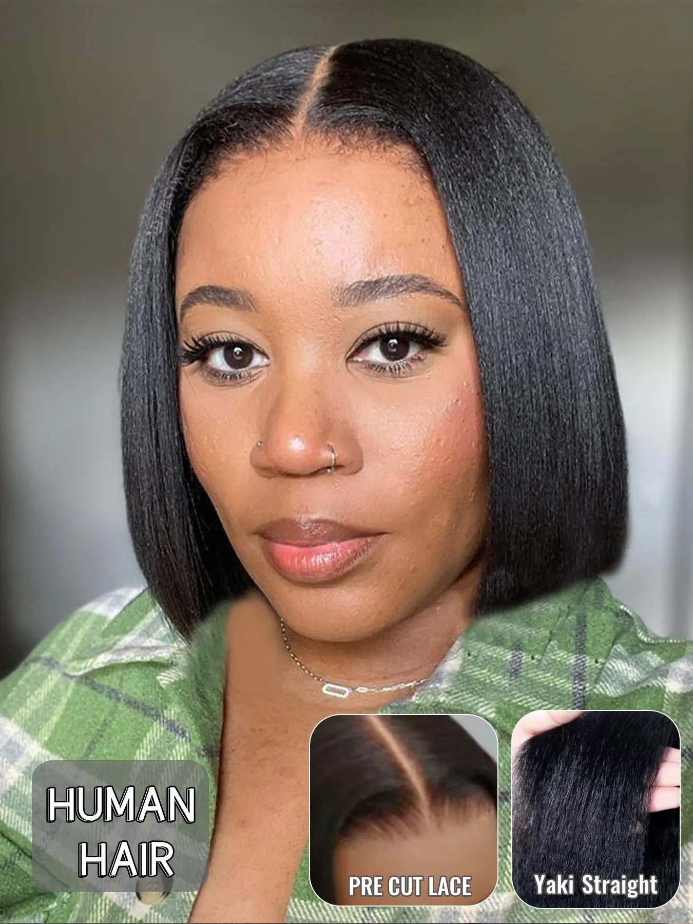 Human Hair Yaki Straight Bob Wig, 10 Inch Short Cut with 4x4 Lace Closure and Middle Part, Wear and Go Design, Full Natural Volume, Soft Yaki Texture and Easy Daily Styling for Women, Lace Straight Wigs