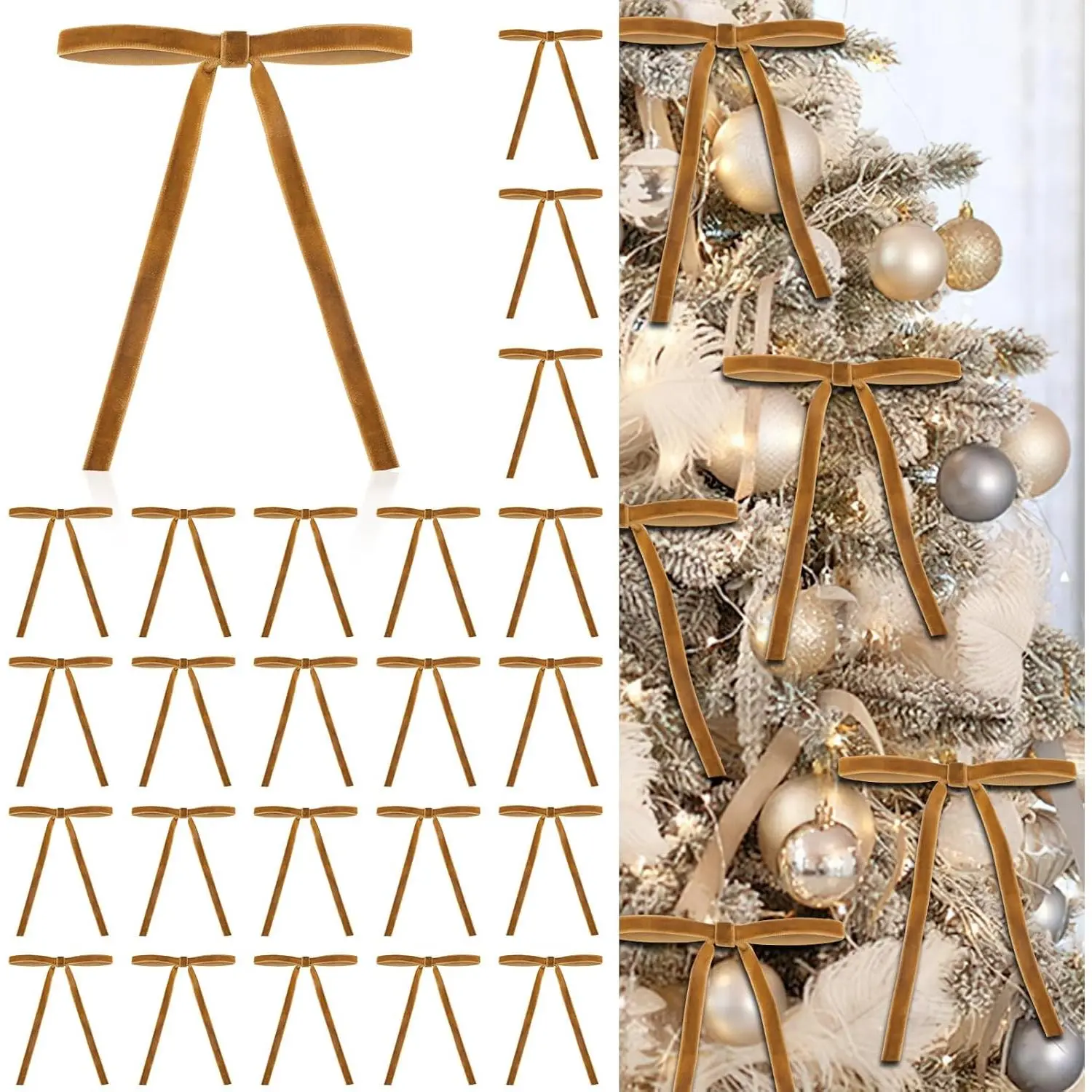 24 count Brown  Bows for Christmas Tree, Neutral Christmas Decor | 5”x7”, Pre-Tied, Camel Brown  Christmas Tree Bows,  Christmas Ornaments for Wreaths Garland Gifts