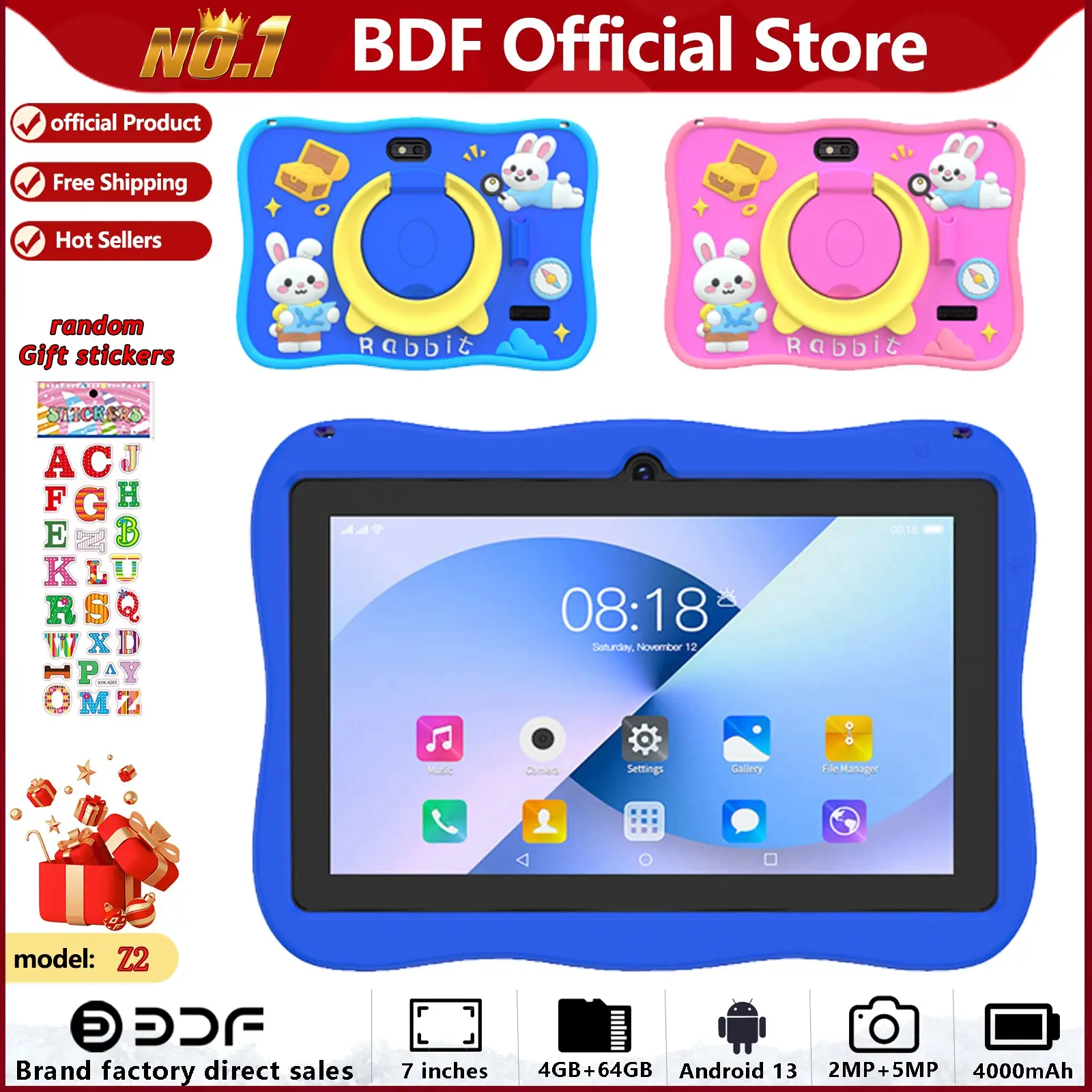 Educational Tablet, 7-Inch Android 13, 4GB RAM 64GB Storage, Quad-Core Processor, HD Screen, Dual Cameras, 4000mah Battery, WiFi Gaming