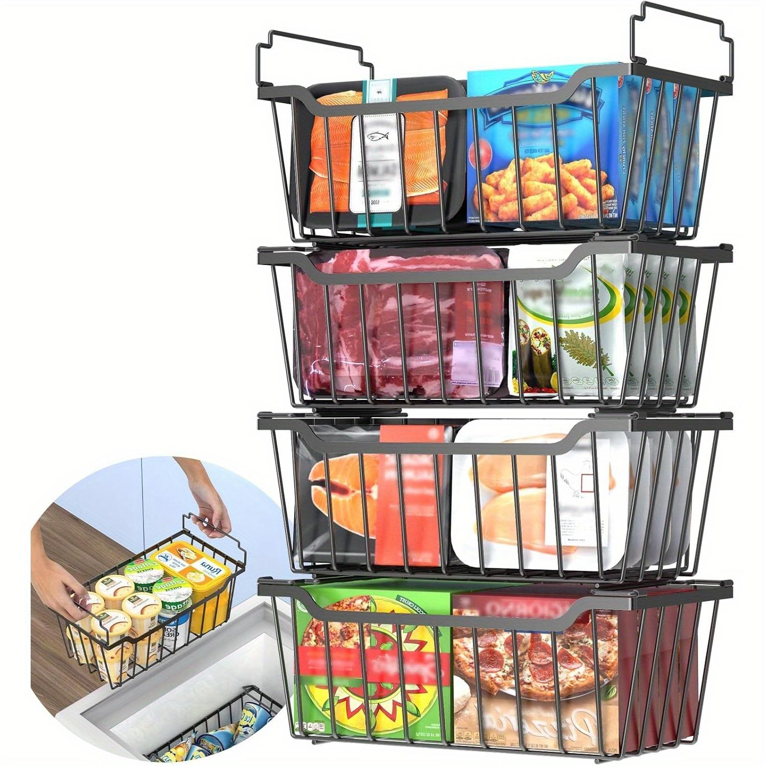 8-Pack & 4-Pack Freezer Organizer Bins - Stackable and Foldable Handle Metal Storage Baskets for Deep Chest Freezer Organization (3.5-7 Cu.FT) - Enhanced Space Utilization