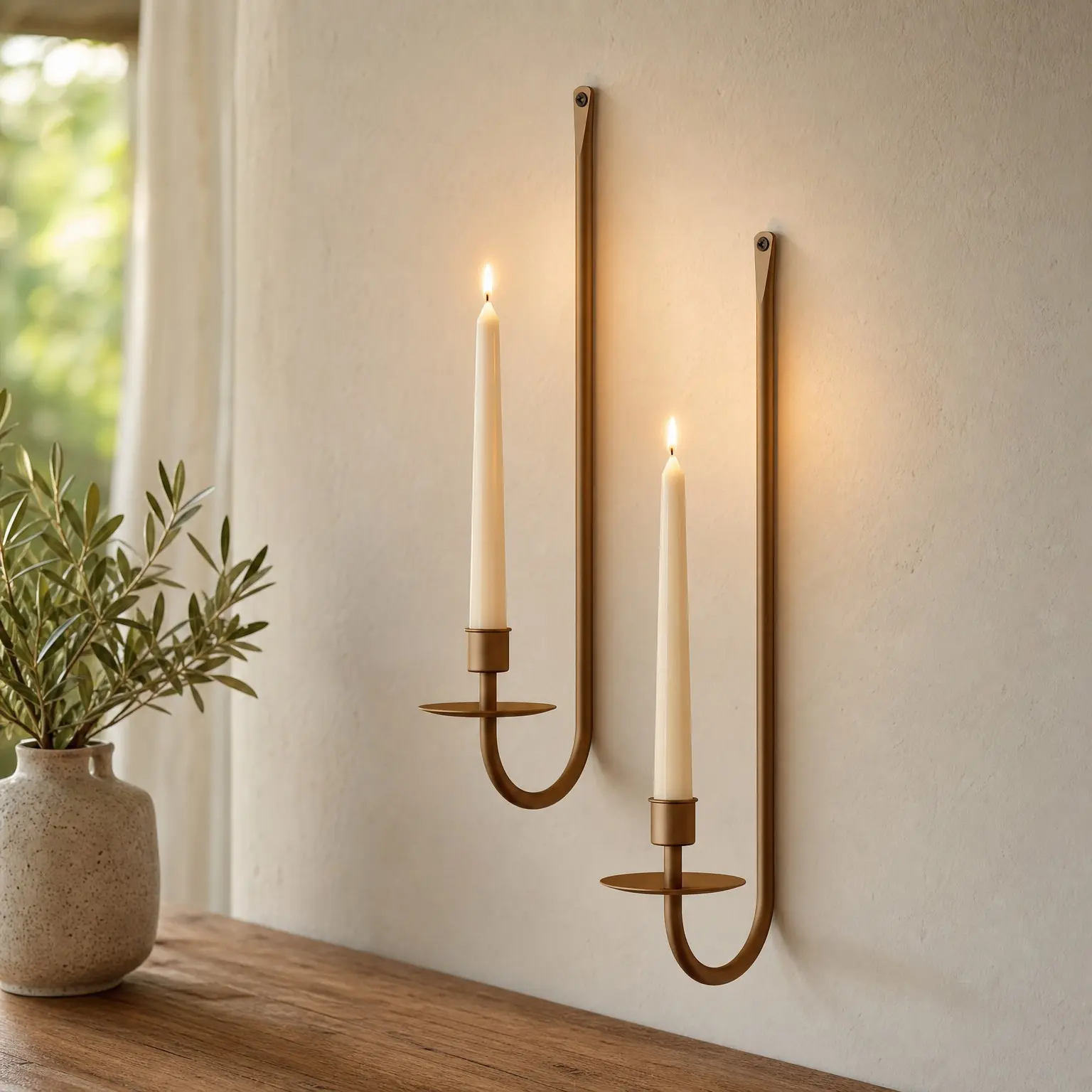 Set of 2 Modern Brass Metal Wall Candle Sconces, Wall Mount Hanging Pillar Candle Holders for Living Room Farmhouse Fireplace WeddingGift