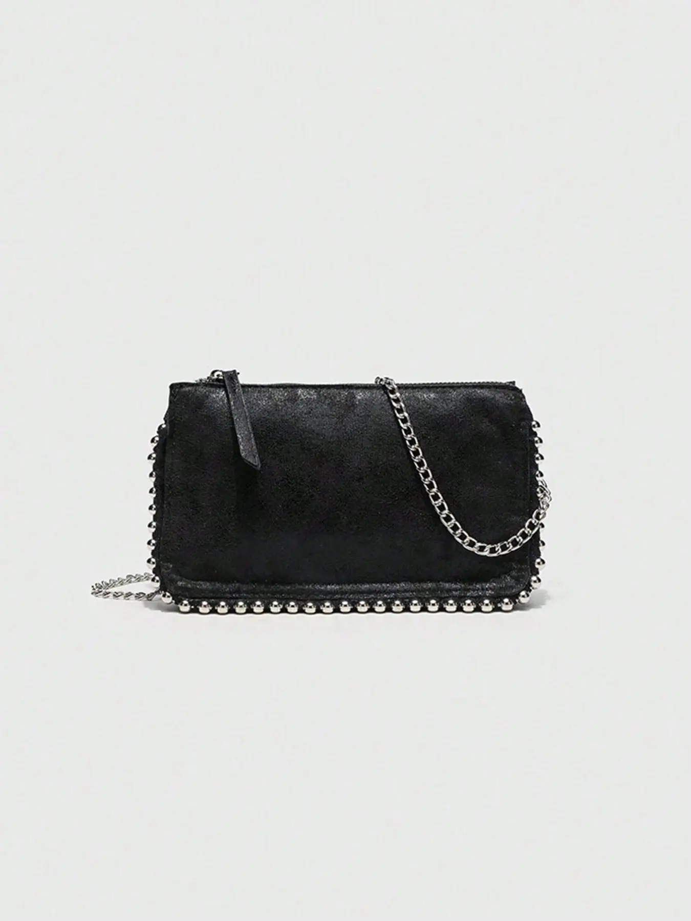 Black Distressed-Wash PU Leather Clutch with Studded Trim, Small Envelope Shoulder Crossbody Purse Featuring Zipper Edged with Tiny Silver Metal Beads; Detachable Silver Chain Strap for Crossbody Wear, Stylish, Edgy Accessory Perfect for Night Outing.