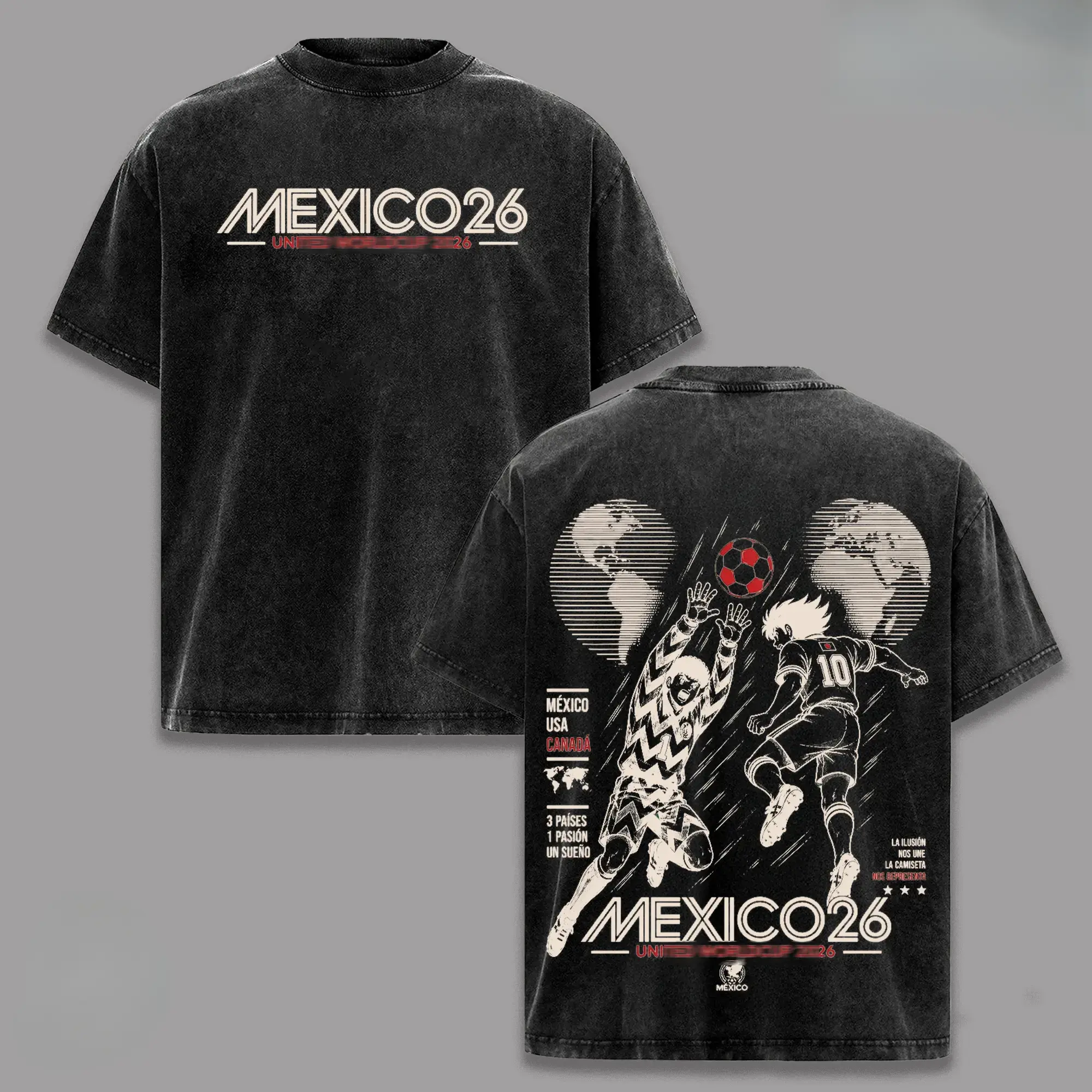 Men's Heavy Cotton Short-Sleeve Round Neck T-Shirt - Vintage Washed Mexico 2026 Football Graphic, Oversized Casual Streetwear for Fans, Men's Stuff, Top, Gifts for Boyfriend
