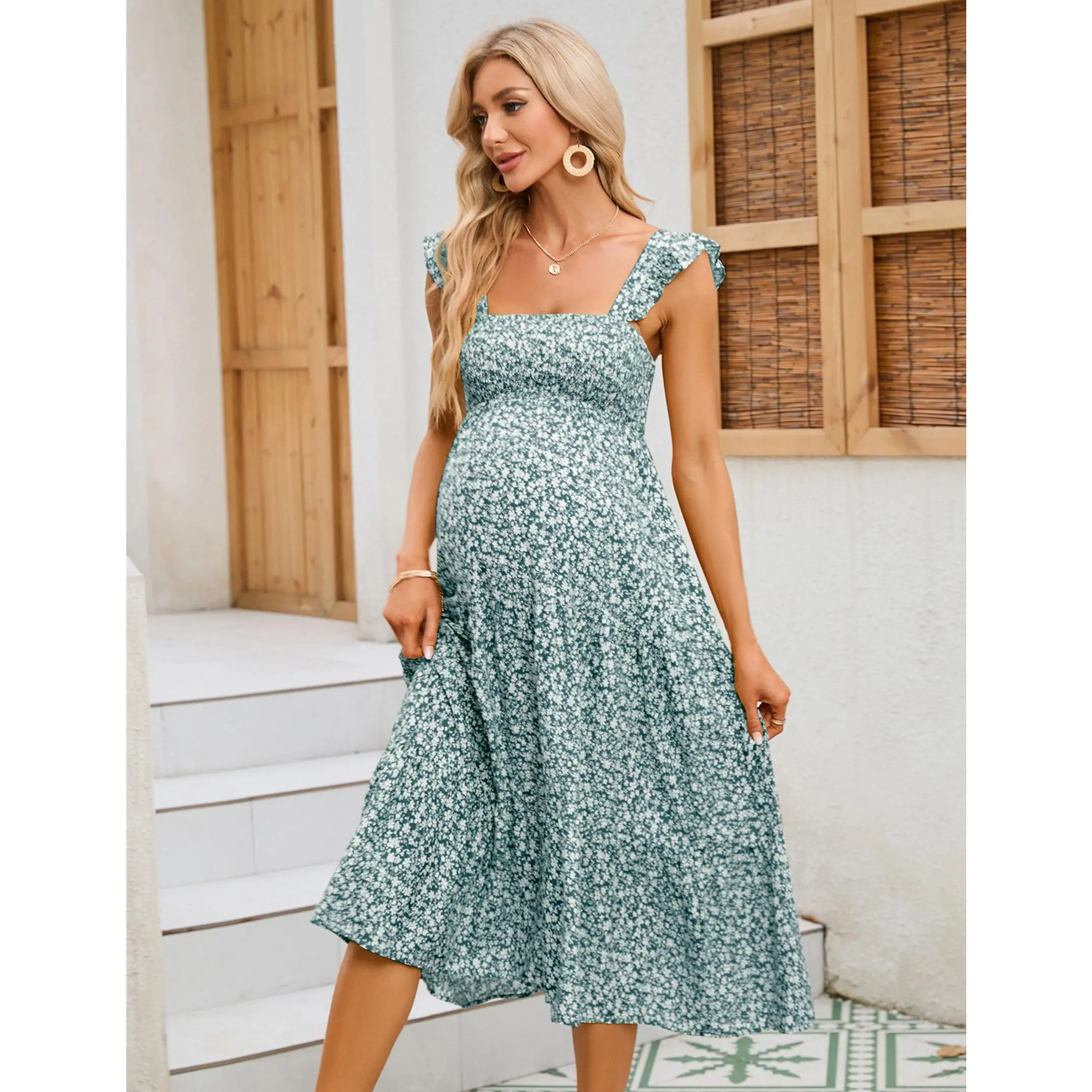 YF Women Maternity Floral Midi Dress, Square Neck Ruffle Cap Sleeve Smocked Bust Flowy Pregnancy Sundress, Loose Tiered Summer Vacation Baby Shower Outfit, Green Yellow Floral Multi Sizes