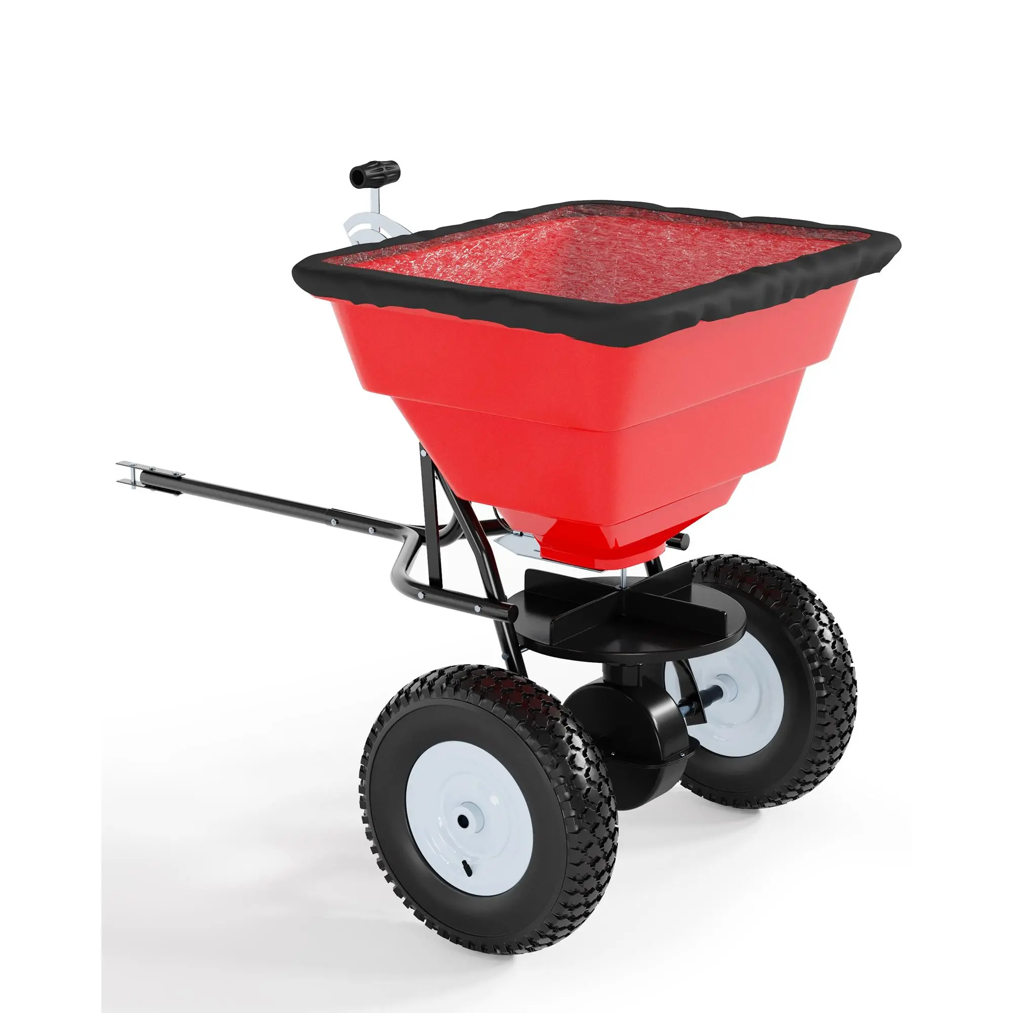 Heavy-Duty Tow-Behind Broadcast Spreader for Lawn & Garden – 85 lbs Capacity, 10" Pneumatic Tires, Adjustable Current Control, Powder-Coated Steel Frame, Impact-Resistant Feeder, All-Terrain Seeder