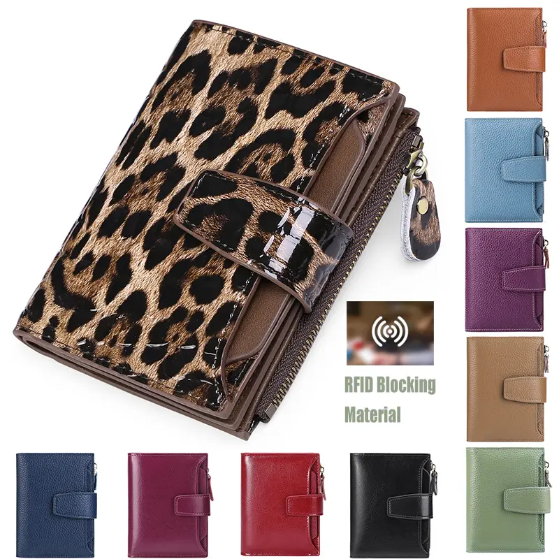 Women's RFID Trifold Wallet in Basic Chic Black Leopard Print, Compact PU Leather Billfold with Zipper Coin Pocket, Casual, Midnight Black, Fashionable Wallet, Trifold Wallets