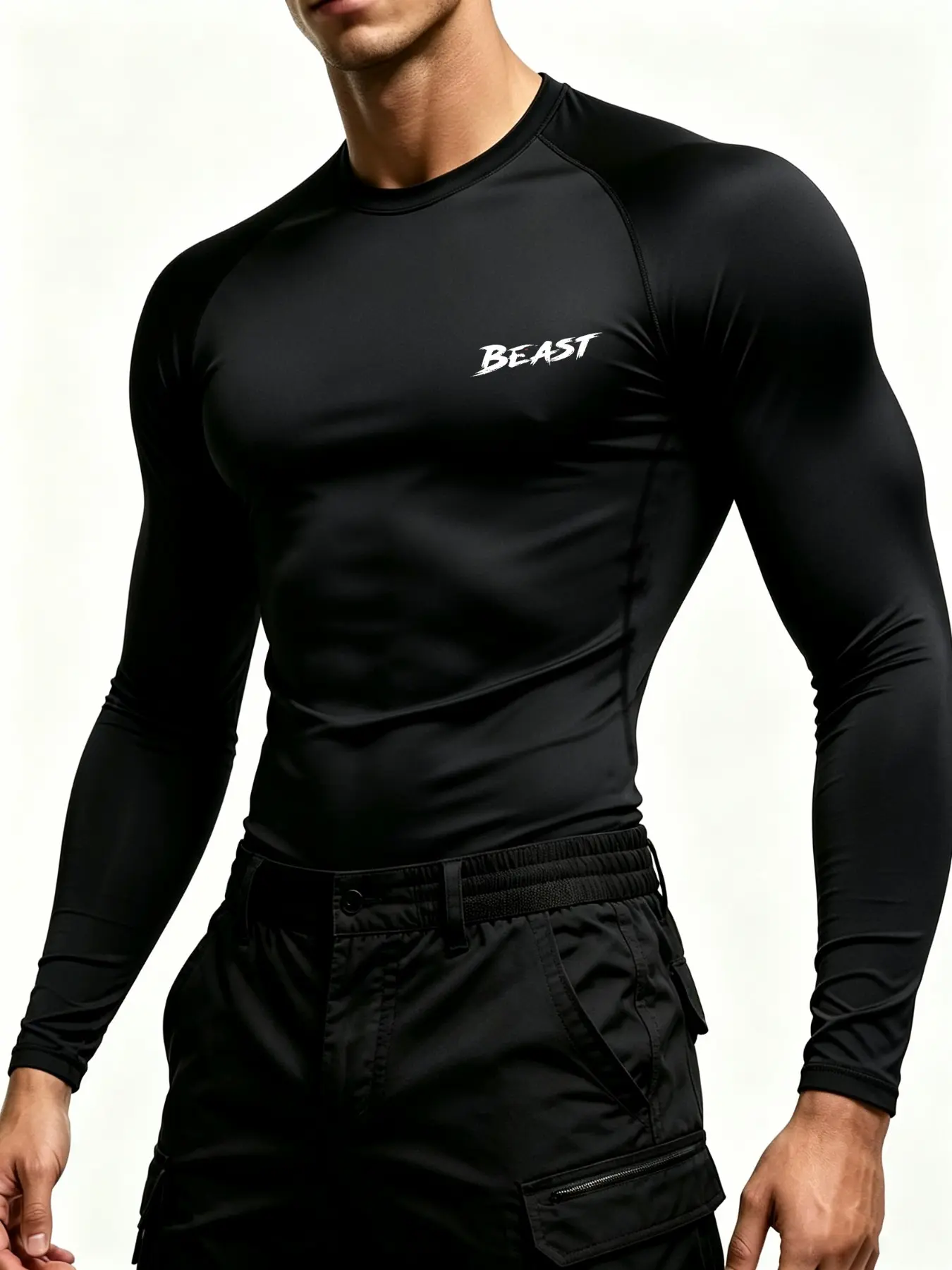 1pc Men's Compression Shirt Black Long Sleeve BEAST Letter Print  High Stretch Sports Running Gym Fitness Athletic Base Layer Tight Workout Activewear Everyday Training.