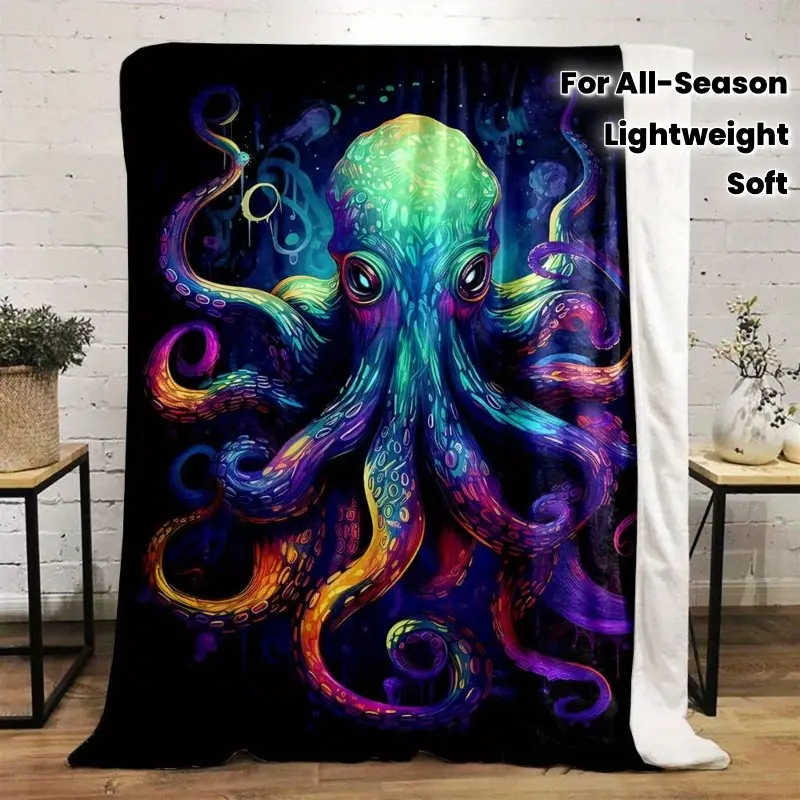 1 2D Flat Printing Octopus Printed Flannel Blanket - Multi-Purpose: Camping, Bedroom, Living Room Blanket, Office Lunch Break Blanket, Inside Car, etc., Four Sizes to Choose, Holiday Gift Home Blanket
