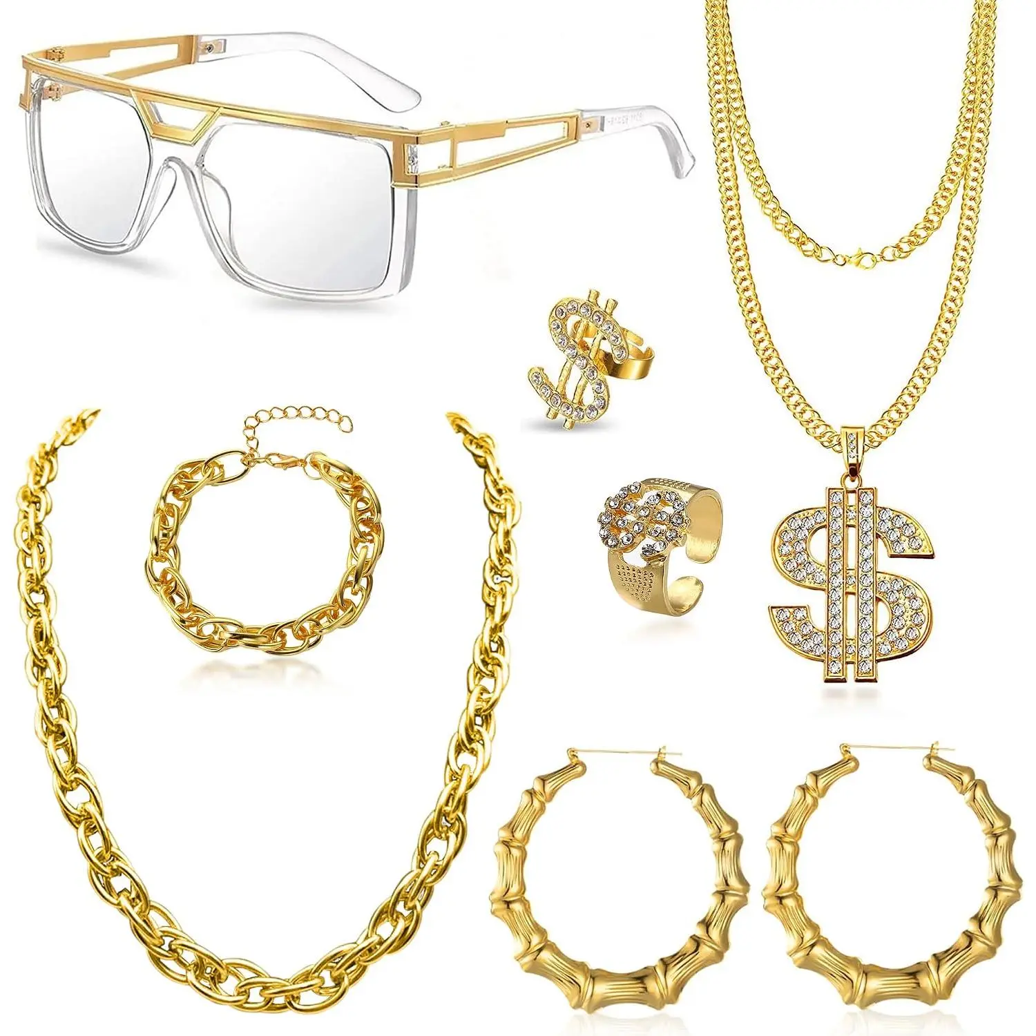 90s Accessories Outfit for Women 80s  Hop Costume Kit Rapper Sunglasses  Earring  Rope Chain Dollar Necklace Bracelet Rings  Set