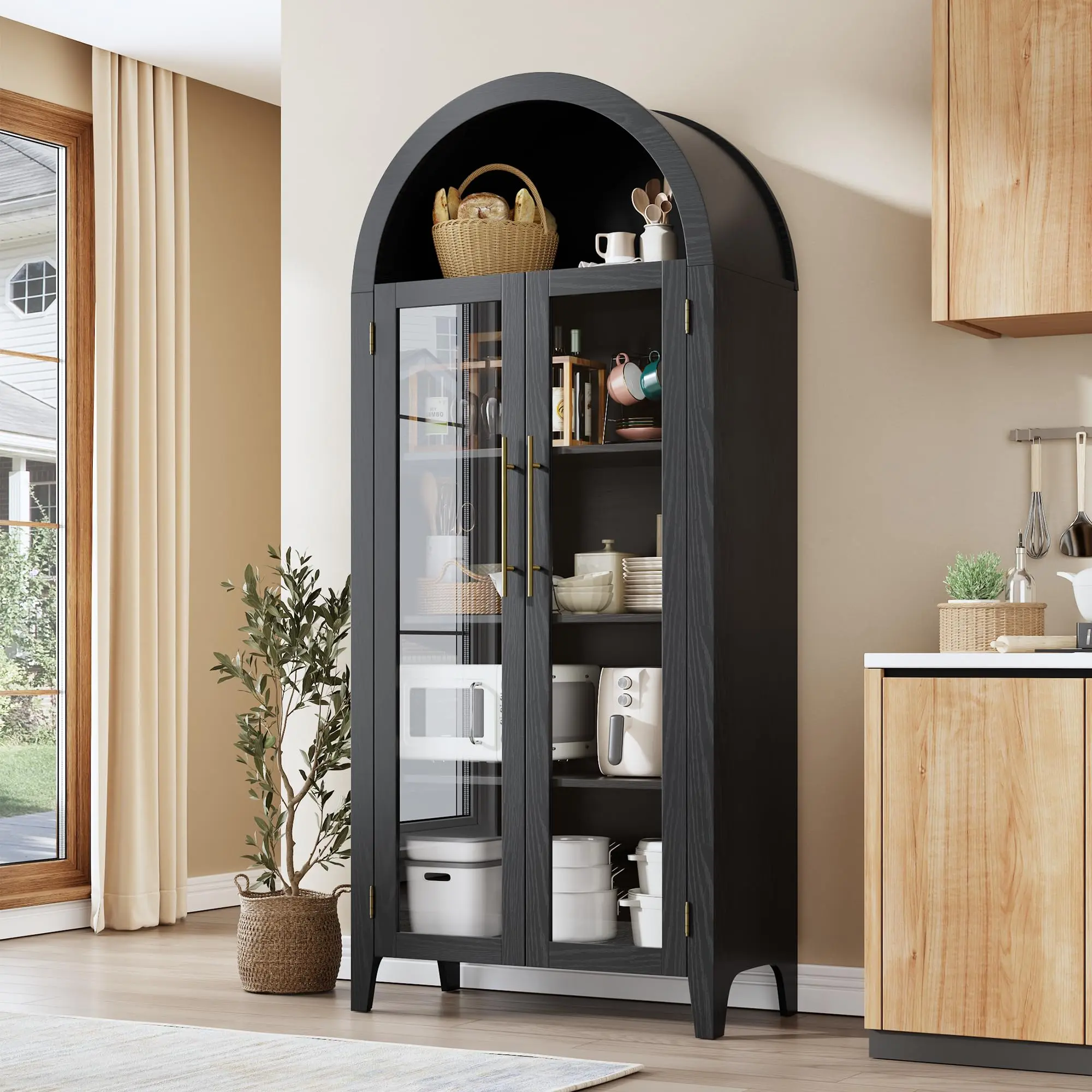 63-Inch Arched Floor-Standing Kitchen Storage Cabinet - 5-Tier Farmhouse 2-Door Pantry Shelf with Adjustable Shelves for Kitchen, Dining Room, Study, Living Room Furniture