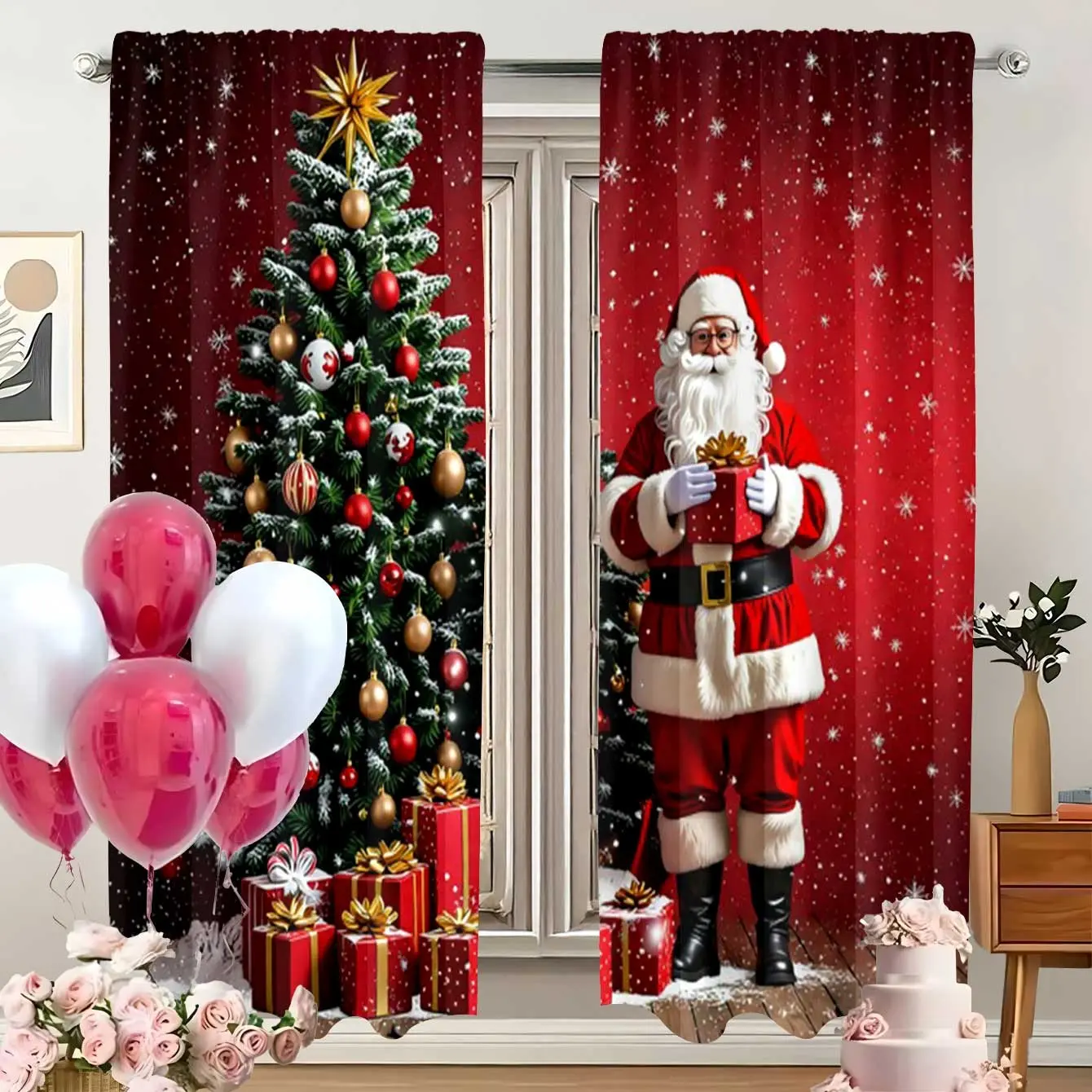 2-piece red-background Christmas tree Santa Claus printed semi-transparent curtains, Holiday Christmas decorations, easy to install and maintain, suitable for living room, bedroom and home decoration.