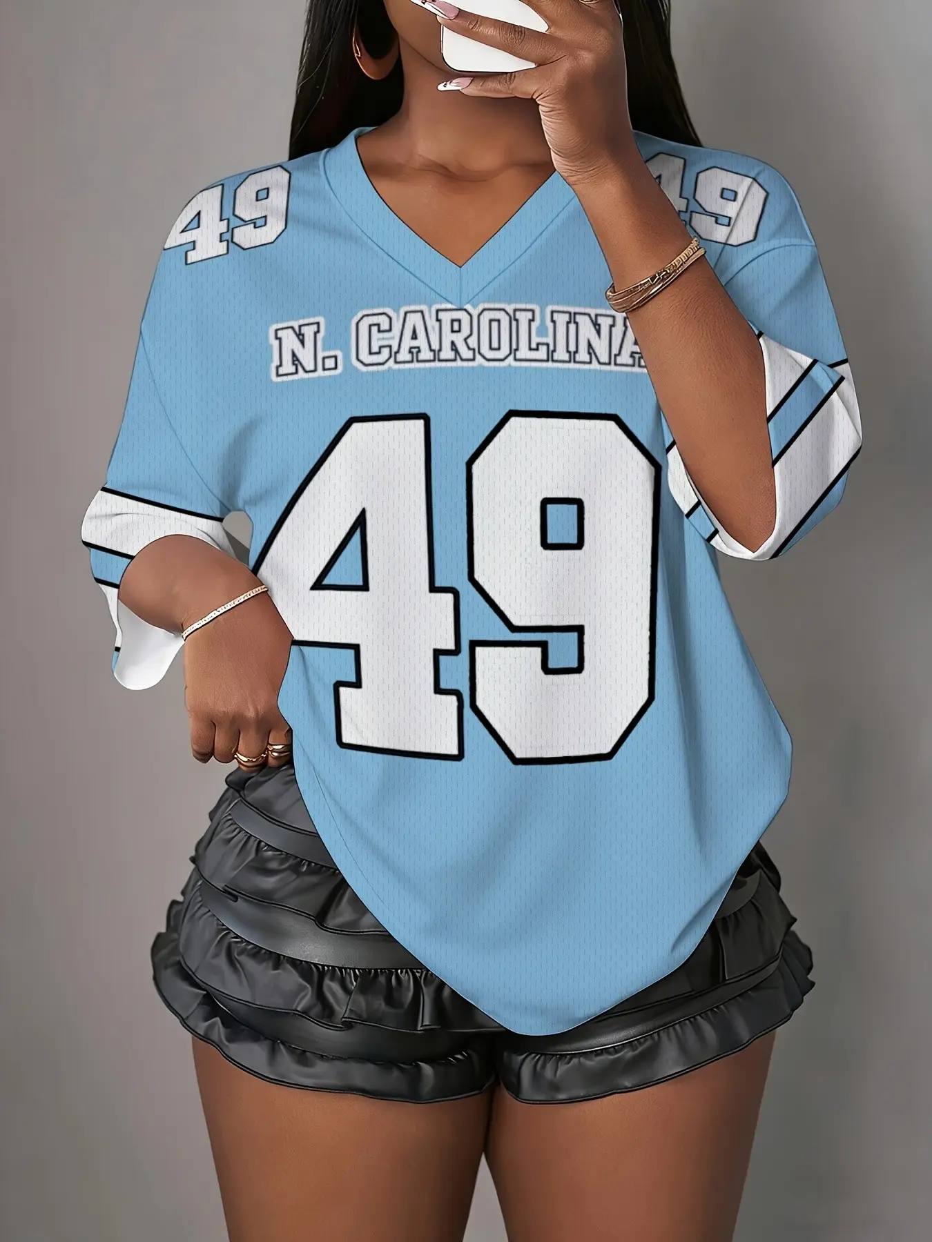 Y2K American North Carolina 49 Number Light Blue Mesh V-Neck Jersey, Loose-Fitting All over Print T-Shirt, Unlined Y2K Style Top, Breathable Lightweight Top