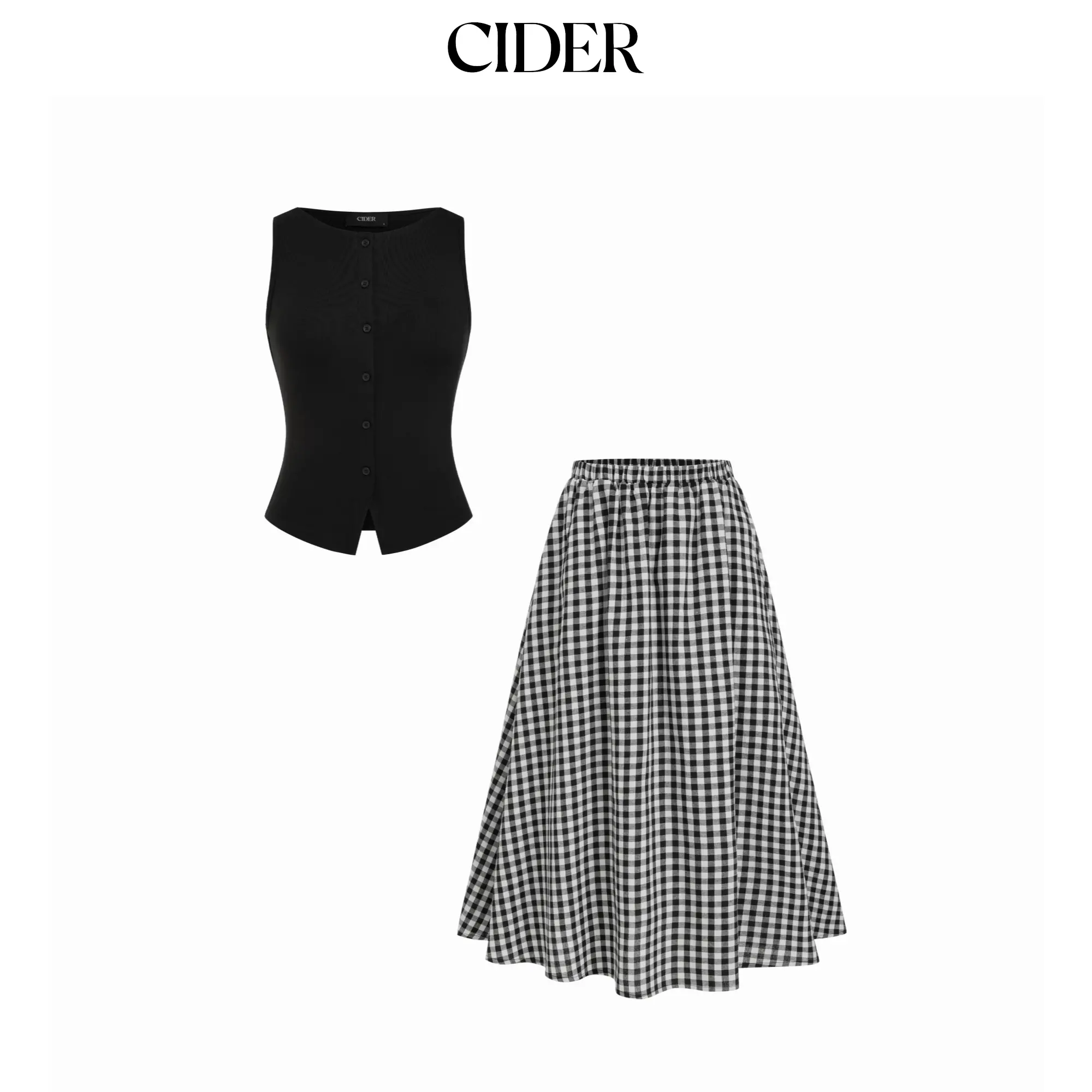 Cider Cotton Button Top &  Gingham A-line Maxi Skirt Set