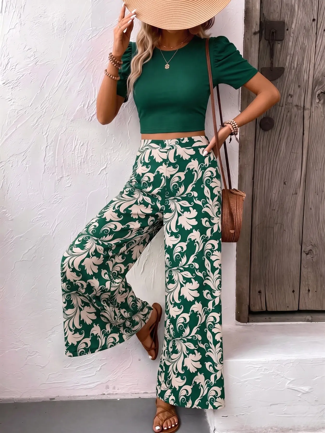 Boho Summer Vacation Two-Piece Set, Bubble Sleeve Crop Top with Floral Wide Leg Pants, Casual Loose-Fitting