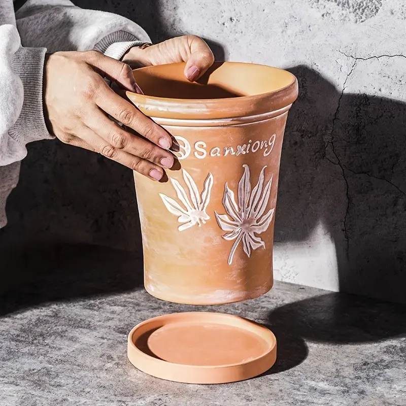 Vintage Weathered Relief Tall Narrow Clay Pot, Breathable Courtyard Balcony Planter, Potted Plant Container, Feng Shui Mud Pot