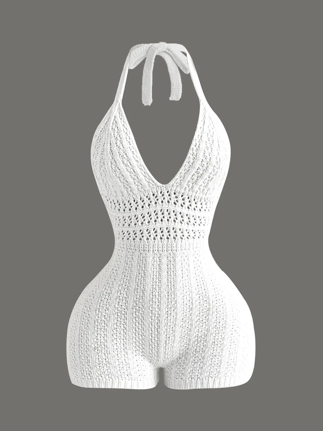 Women's Knitted Halter One-Piece Jumpsuit, Hollow Out Pure Color Backless Tie Shorts, Casual Fashion Spring Summer Wear