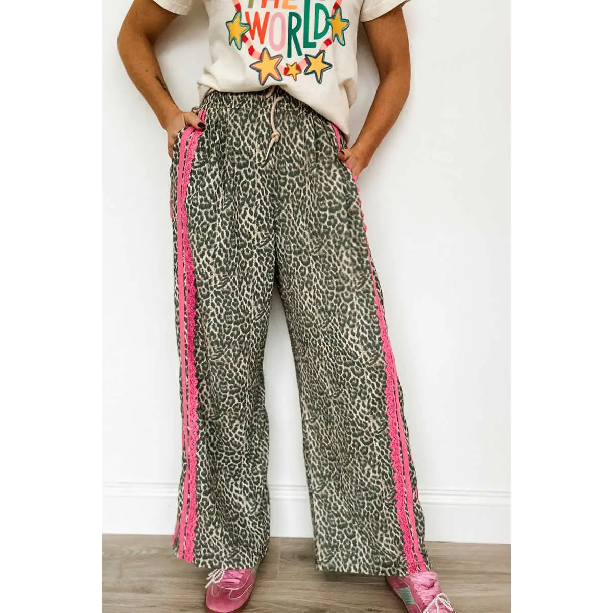 Women's High Waist Casual Leopard Print Pants - Lacy Lace Stripe Detail, Adjustable Drawstring, Stretchy Lightweight Fabric