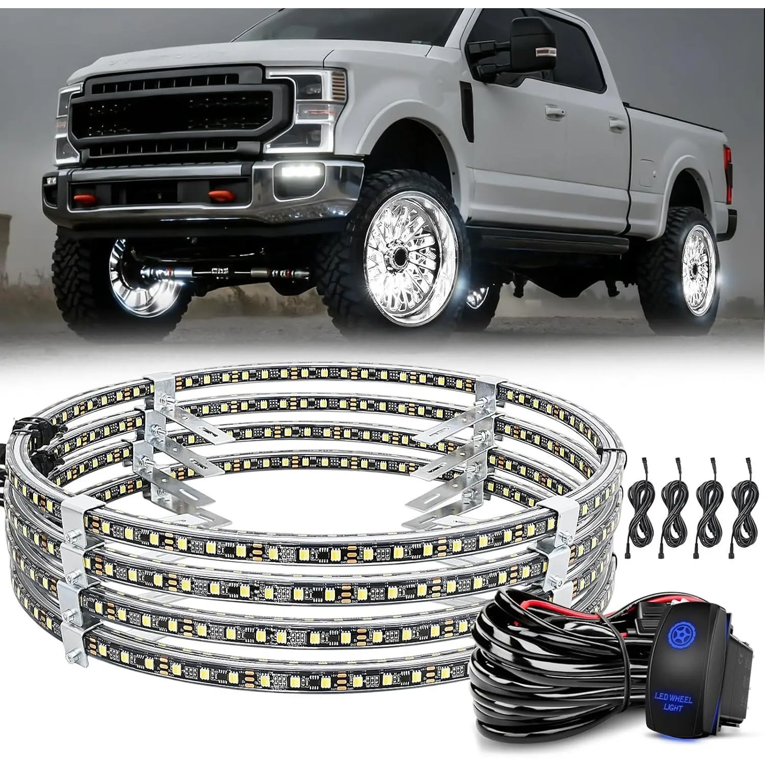 Nilight 4PCS 17in Pure White LED Wheel Ring Lights, Dual Rows with 1x 5-Pin Rocker Switch Wiring Harness, 3x Replacement Fuses, Mounting Brackets, IP67 Waterproof for Car Van SUV Truck, Driving Decor Fathersday Gift