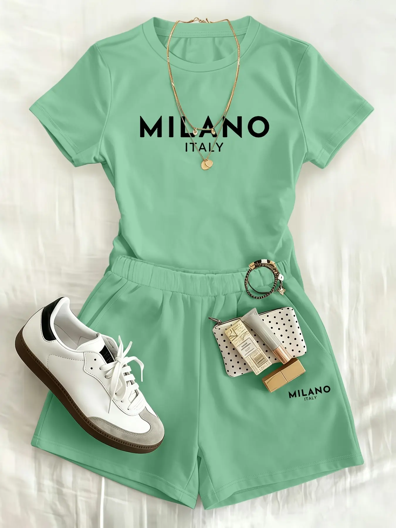 2-piece set, Casual Activewear Set, Milan, Italy fashion capital Italian casual sportswear short sleeve and hot pants set, women's fashion top and shorts