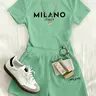 【Black Friday】Women's "MILANO" Letter Print Two-Piece Set, Casual Activewear, Short Sleeve Tee & Shorts, Sportswear, Fashion Outfit