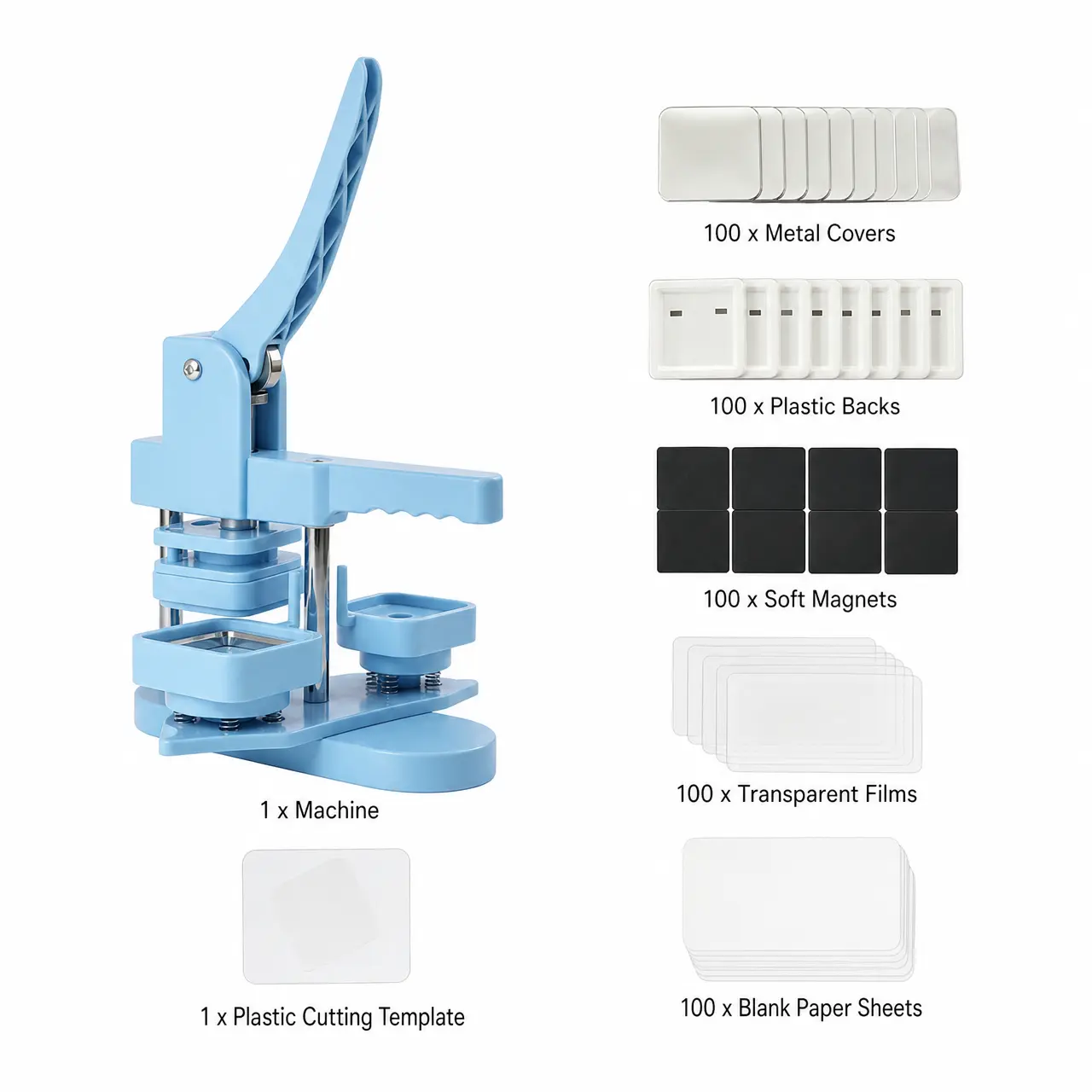 1.97x1.97in Square Drop-Resistant DIY Button Press Kit with 100 Complete Sets - Injection Molded Crafting Machine for Small Businesses, Custom Anime Pins & Fridge Magnets
