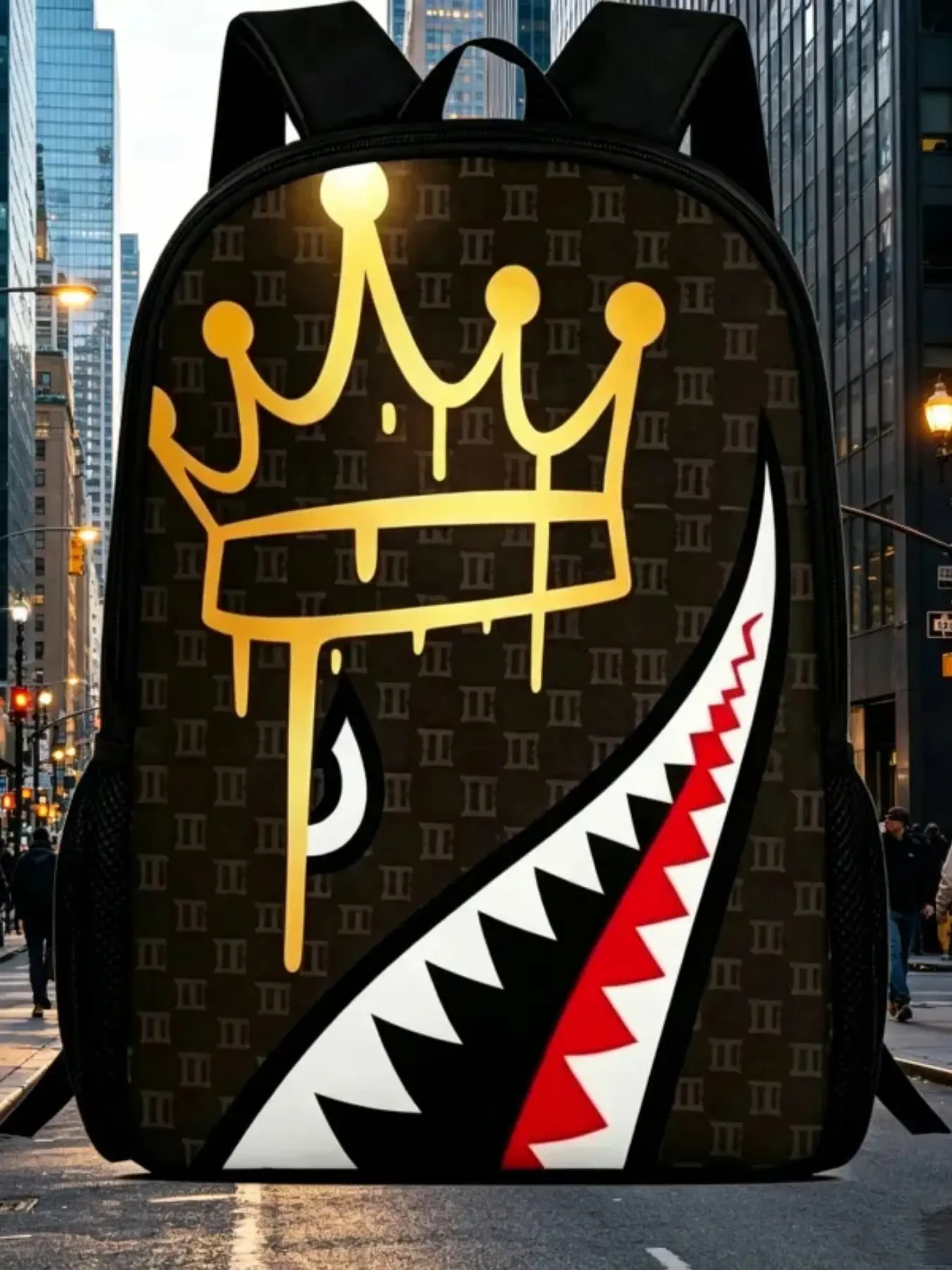 Golden Drip Crown & Shark Mouth Print Backpack, Street Style Backpack, Casual Backpack for Daily Use Golden Drip Crown & Shark Mouth Print Backpack, Street Style Backpack, Casual Backpack for Daily Use