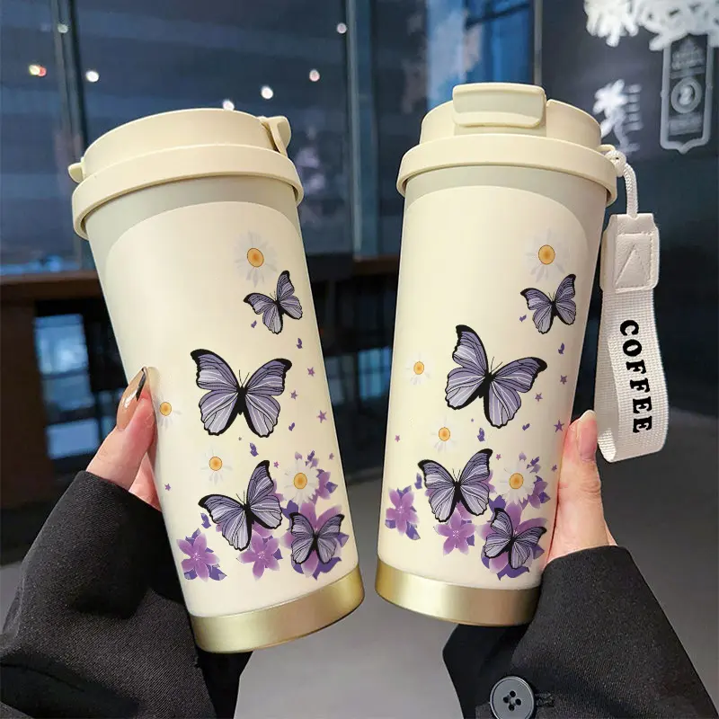 1PC 18oz Cute Butterfly Floral Insulated Tumbler with Straw Lid, Double-Wall Leak-Proof Travel Coffee Mug for Hot & Cold Drinks, Pastel Purple Yellow Design, Great Gift for Valentine’s Day, Office Use