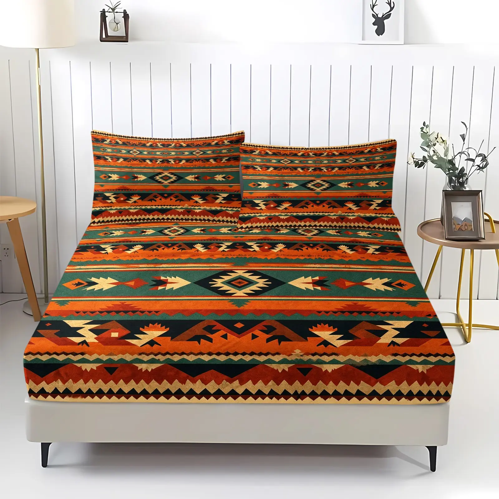 Bohemian Geometric Fitted Sheet Set 3 Pcs,Southwester Bedding Set Native American Indian Style Bed Sheet for Adults (1 Fitted Sheet + 2 Pillowcases)