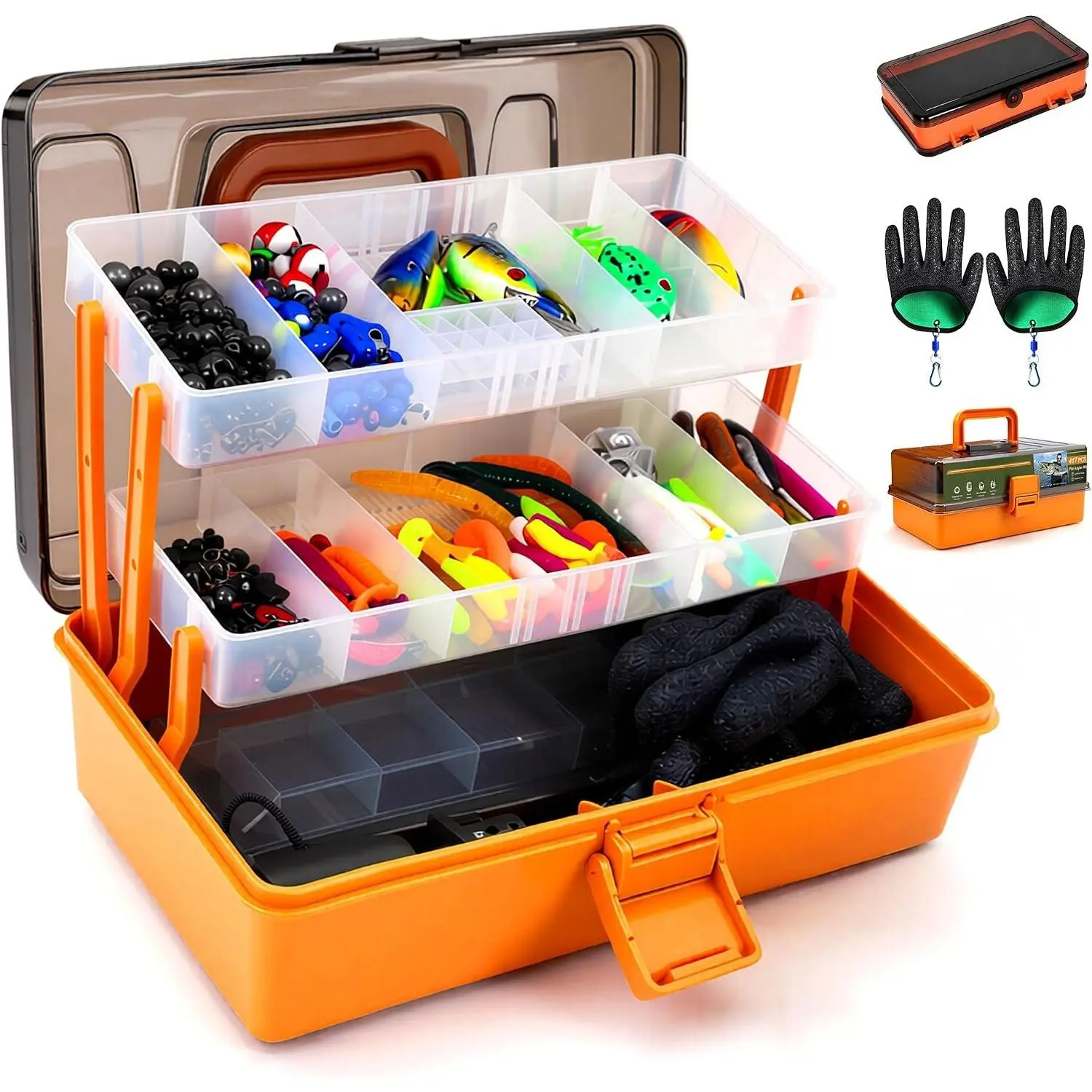 Large 3-Layer Tackle Box with Tackle Included, 417 count Fishing Lures Kit | Fishing Box with Bonus Small 2-Sided Box & Gloves, Pliers, Crankbait, Hooks, Freshwater Bass Fishing Gear  for Men &