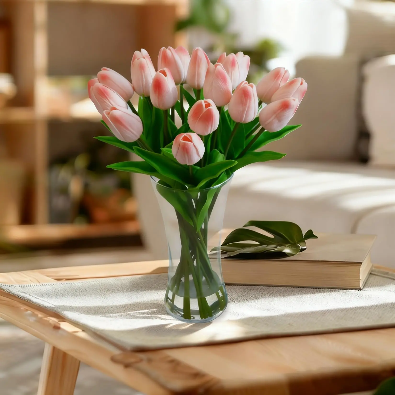 Garvee Real Touch Artificial Tulip Arrangement in Clear Glass Vase with Faux Water – 20 Pink or White Silk Flowers – Modern Centerpiece for Home, Dining Table, Office, or Wedding – Ready to Gift