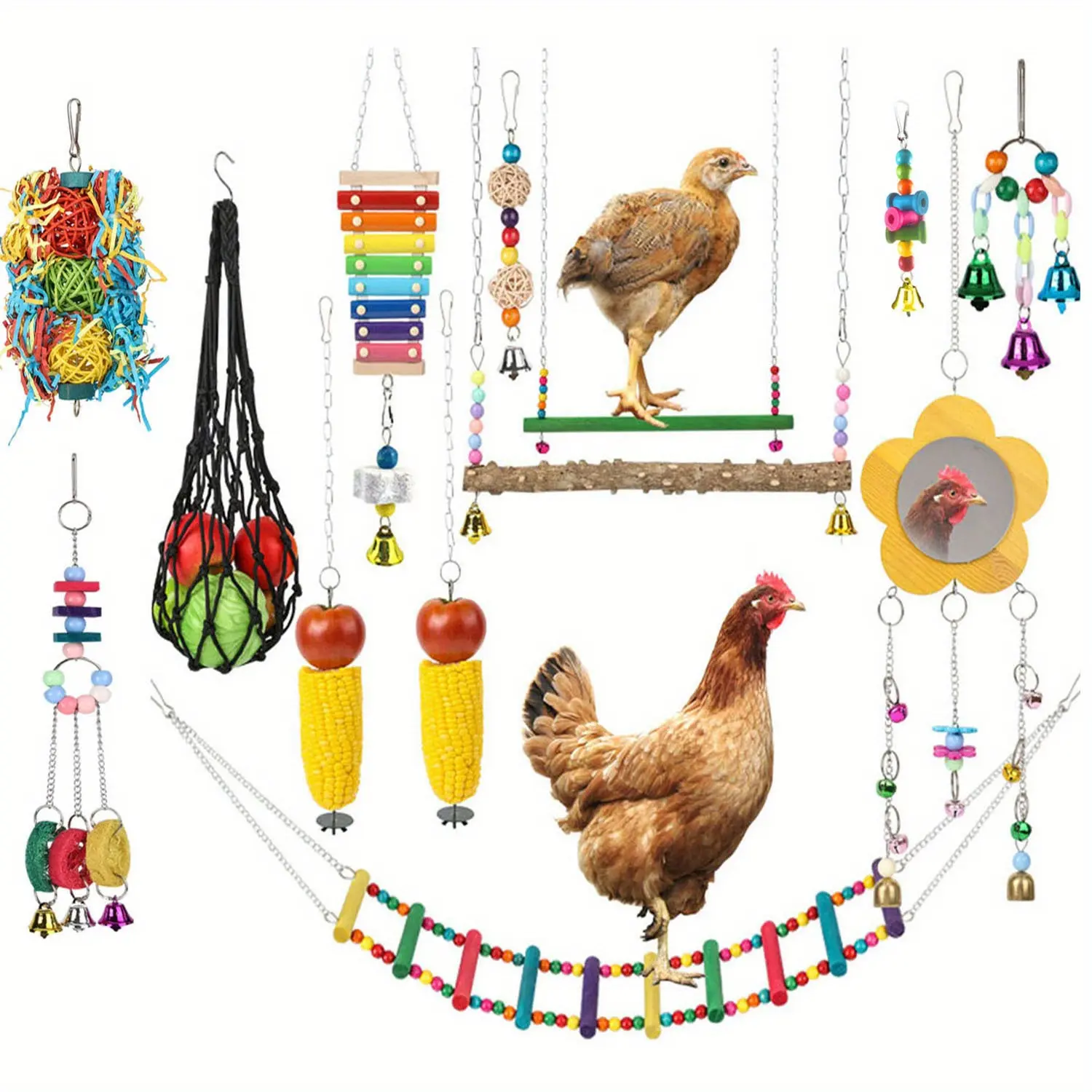13-Piece Interactive Chicken Coop Toy Set - Chicken Cage Xylophone, Chicken Swing Set, Chicken Mirror Toy, Chicken Flexible Ladder, Chicken Vegetable Rope Bag and Hanging Feeder, Fun Accessory for Pet Chickens and Parrots