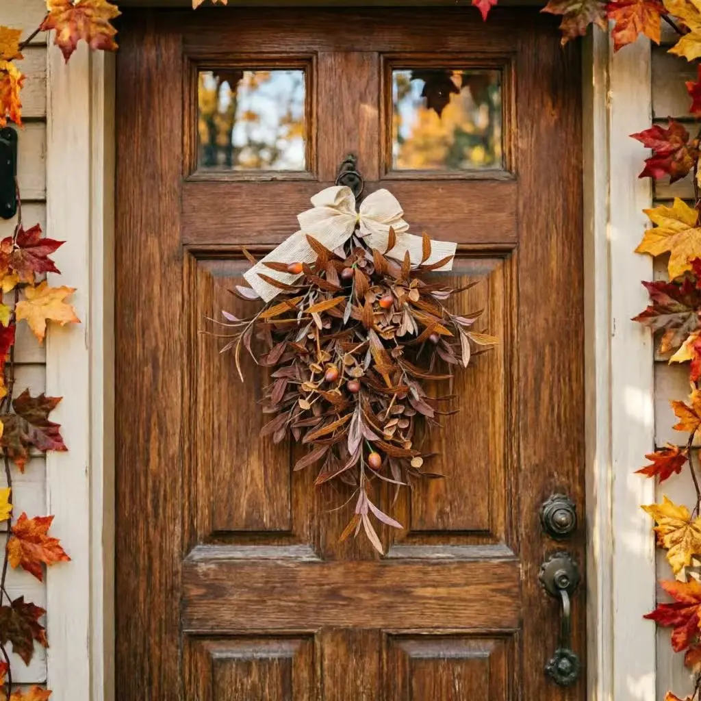 Autumn Harvest Festival Artificial Wreath, Dual Use Fall & Christmas Front Door Wreath, Wall Hanging Home Holiday Decor