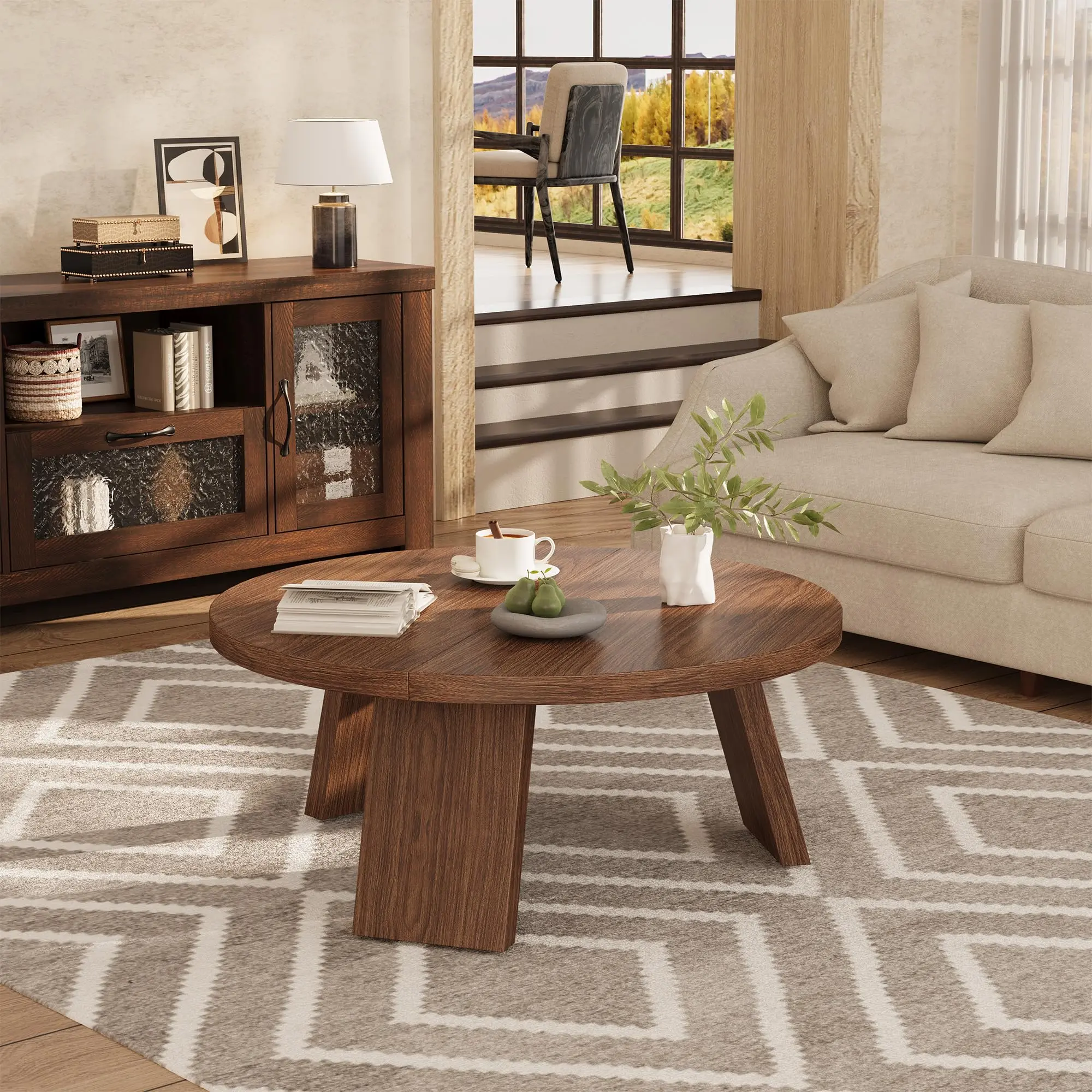 Round Coffee Table, Modern Center Table with Inclined Legs, Accent Cocktail Tables for Living Room, Bedroom, Easy Assembly, Walnut Brown