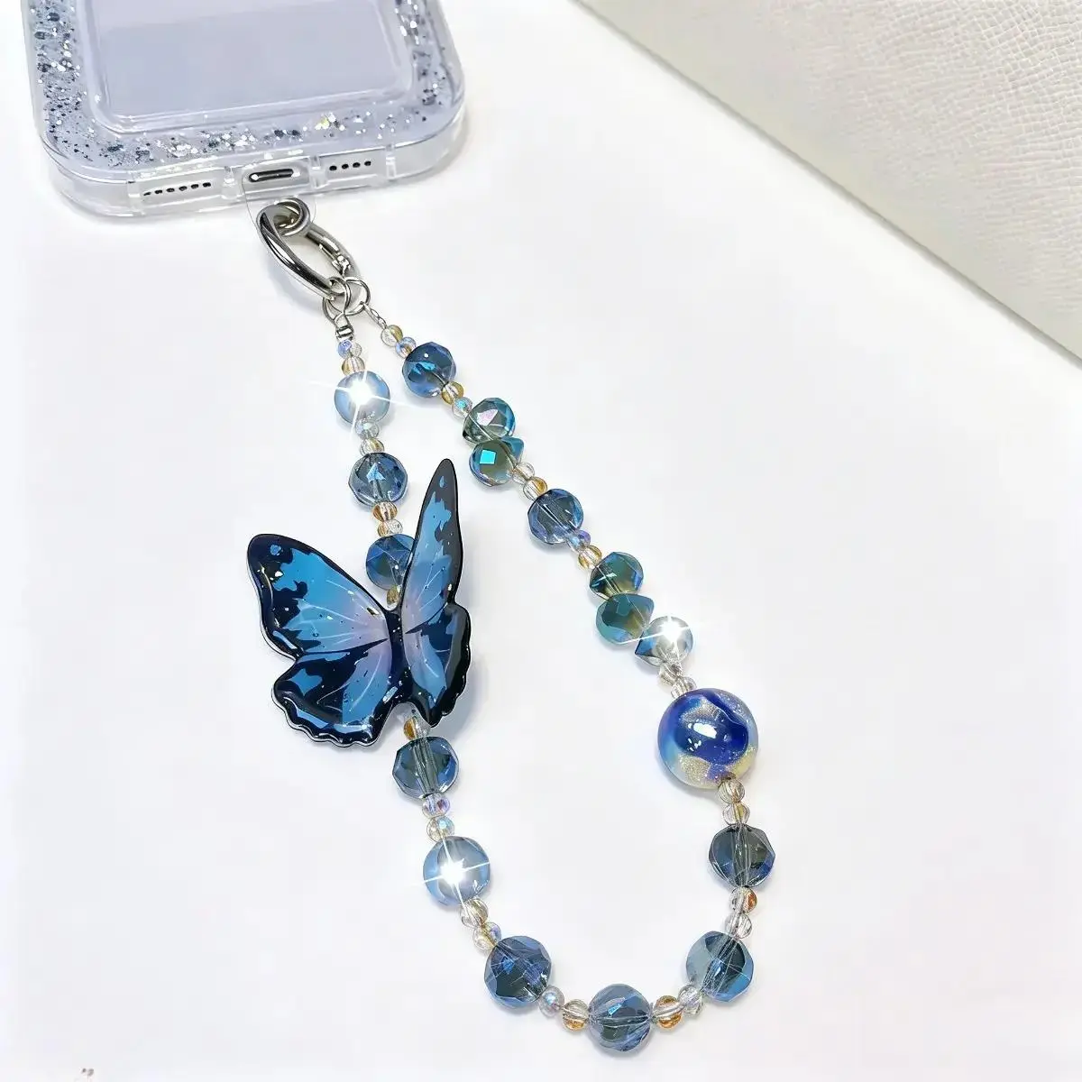 Glitter Butterfly Crystal Beaded Phone Wristlet Strap - Sparkly Butterfly Element Keychains, Bling Aesthetic Decorative Accessories for Smartphones, Cellphones & Handbags, Durable Fashion Costume Jewelry