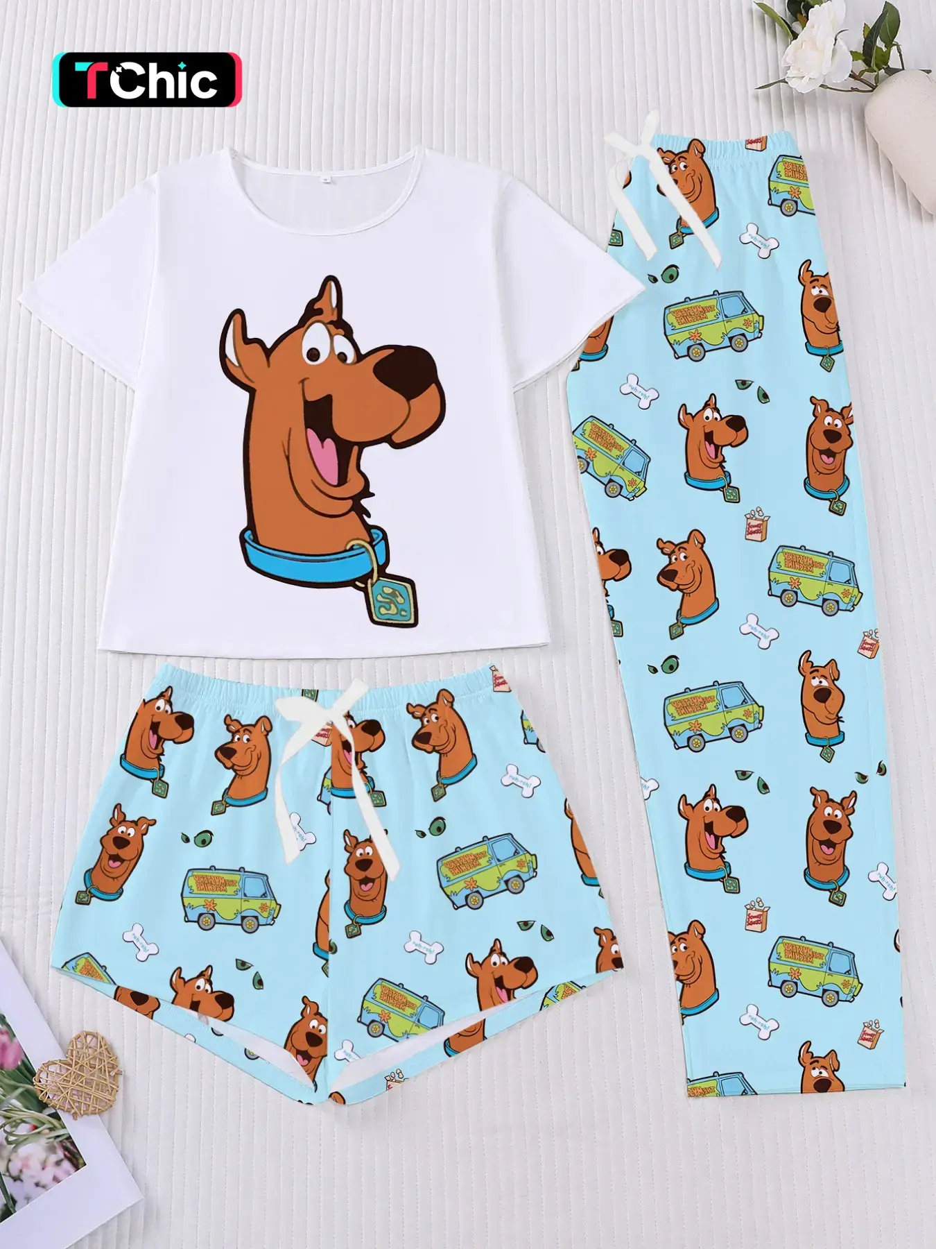 3-Piece Cartoon Dog Print Women's Pajama Set, Short Sleeve Round Neck Top, Elastic Shorts and Pants, Elegant Daily Wear, Holiday Party Clothing, Loungewear