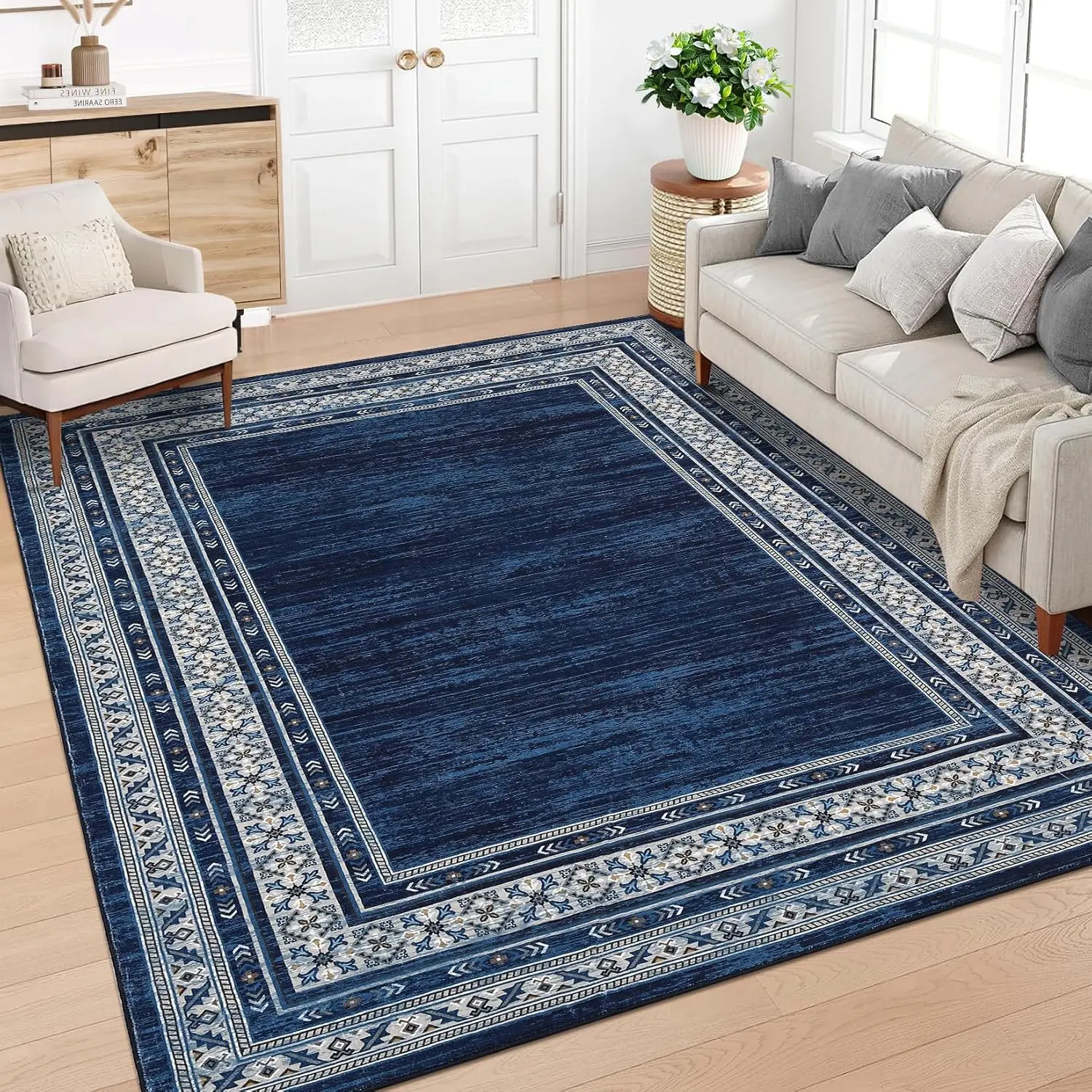 Faux Wool Machine Washable Area Rug - Foldable, Lightweight, Non-Slip, Geometric Low Pile Contemporary Decorative Rug for Living Room, Apartments, Kid Room, Blue (Back to School, Dorm Essentials, Home Essentials)