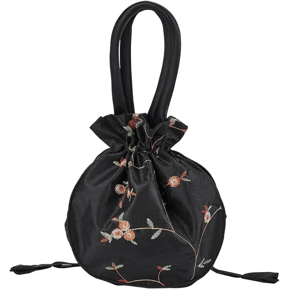 Ethnic Style Flower Handbag Black Embroidered Drawstring Bags Jewellery  Bags for Women Makeup Bags Organiser for  Utensils Storage Bag Travel Party  Bag Purse