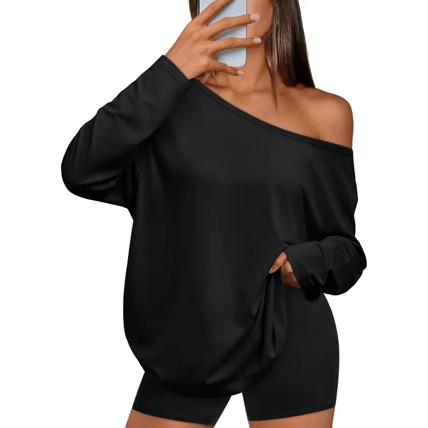 Womens Off The Shoulder Oversized Tops |   Long Sleeve Tshirts, One Shoulder Fall Outfits,Asymmetrical,Plus Size,Going Out Fashion Clothes,Sexy Blouse