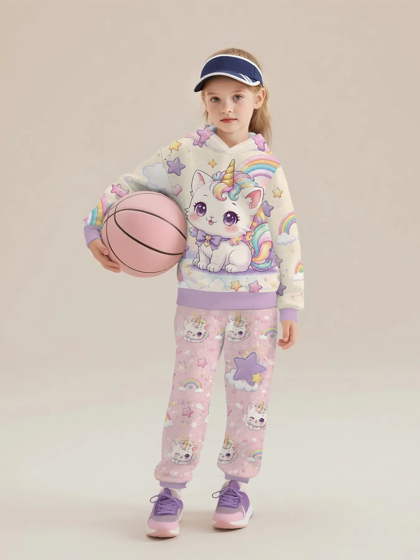 Hoodie and extra-long pants set with digital print of pale white clouds, rainbows and unicorn kittens, trendy casual kids' clothing for girls, suitable for daily outings and outdoor sports, an ideal gift for girls, Hooded sweatshirt set