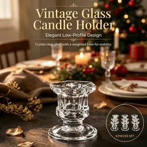 Vintage Crystal Glass Taper Candlestick Set 6 Pieces Stable Weighted Bottom Clear Low Profile Candle Holder For Holiday Dinner Event Table Decor