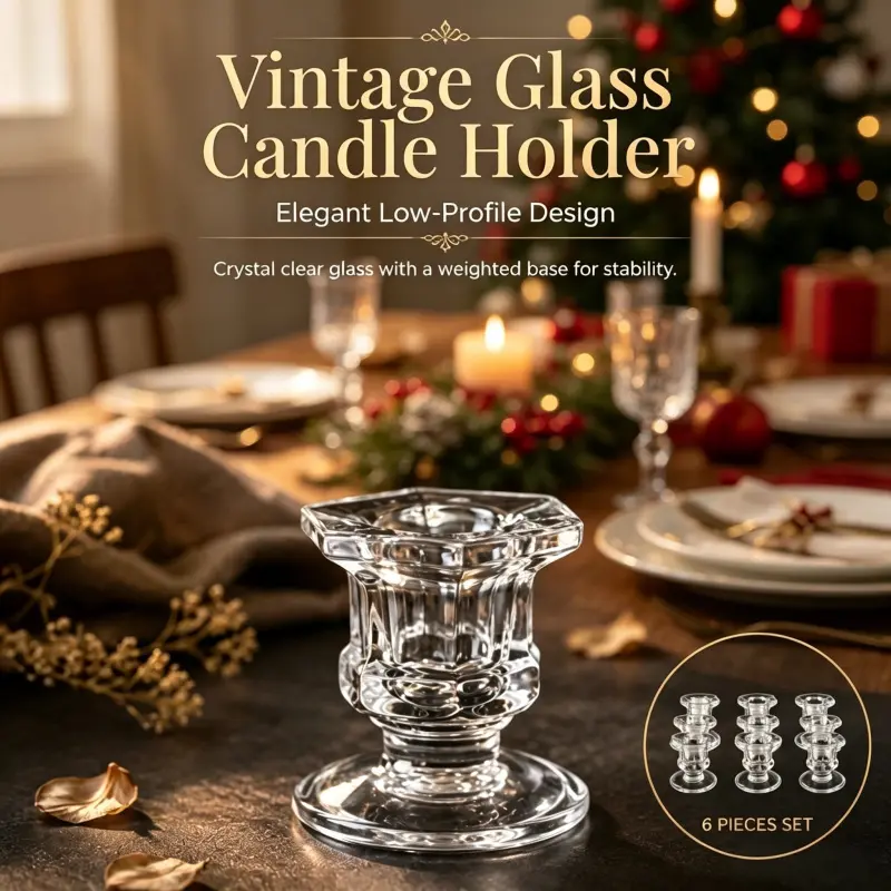 Vintage Crystal Glass Taper Candlestick Set 6 Pieces Stable Weighted Bottom Clear Low Profile Candle Holder For Holiday Dinner Event Table Decor