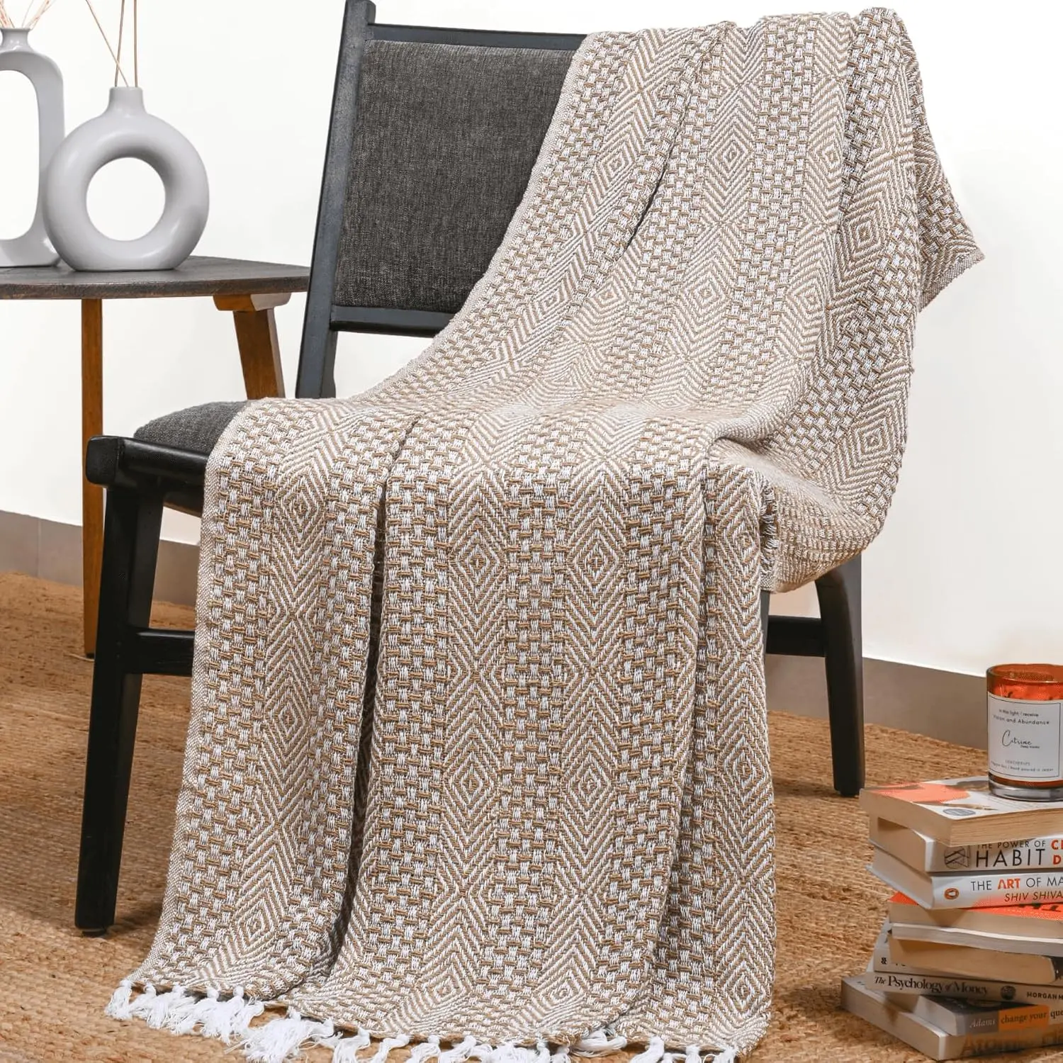 Braided Striped Throw Blanket with Decorative Tassels, 50x60 in Tiger's Eye Color, Soft Texture for Couch Decor, Cozy Vibe Modern Living Area Bedding & Linens