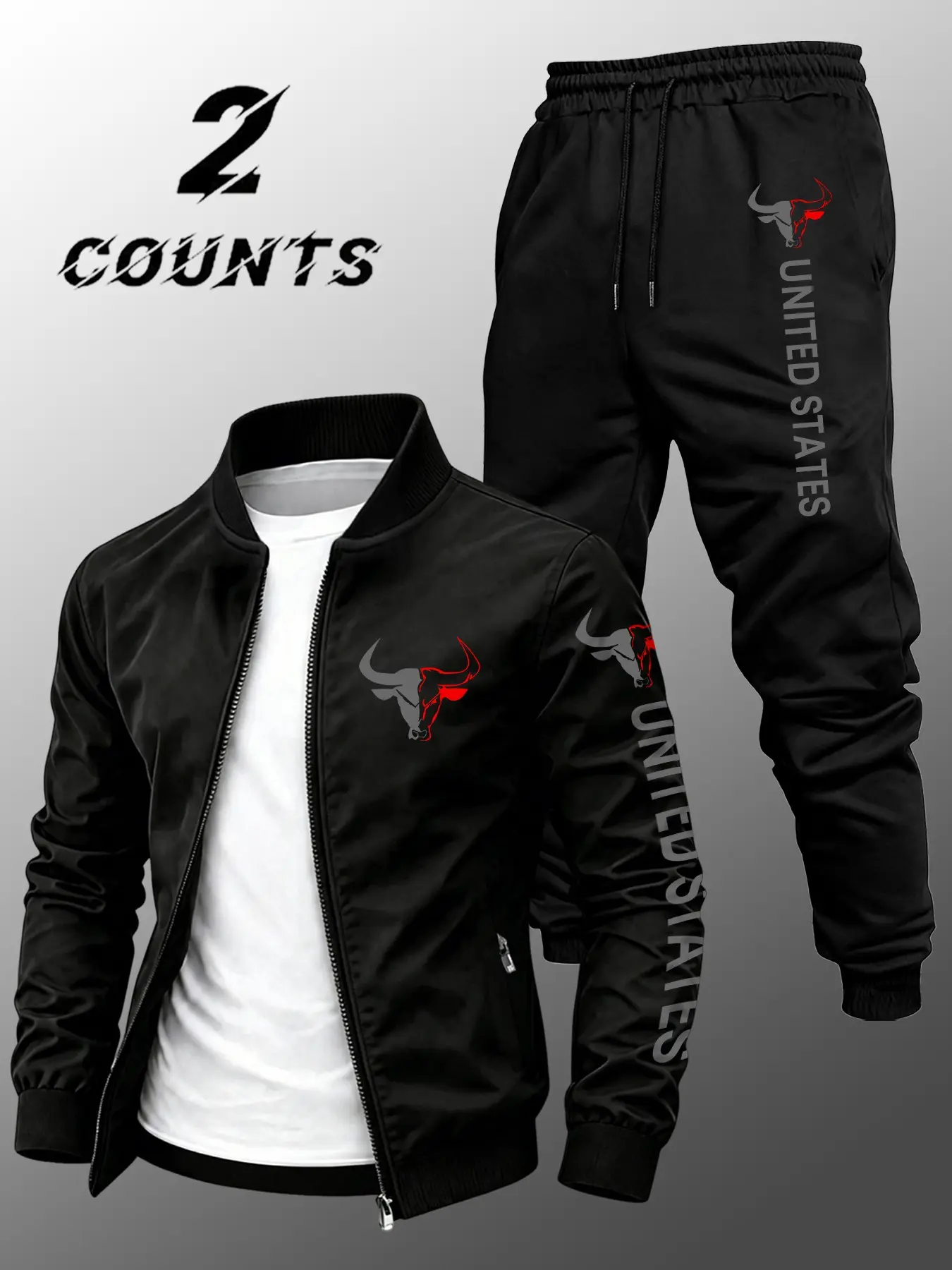 Men's Spring Fall Sportswear Set, Jacket + Pants, Bull Head Letter Design, Casual Fitted Suit for Daily Wear, Outdoor Activities, Running, Sports Letter Print