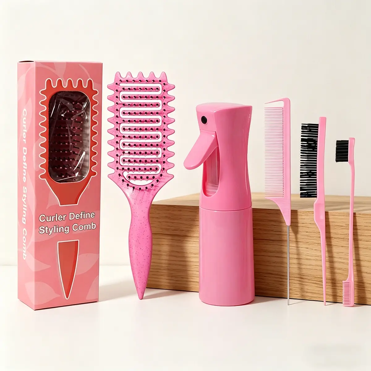 5-Piece Hair Styling Set, Natural Hair Brush and Comb, Define Curl Brush, Curling Brush, Spray Bottle, Ventilated Massage Brush, Dry Wet Use, Suitable for Curly Hair